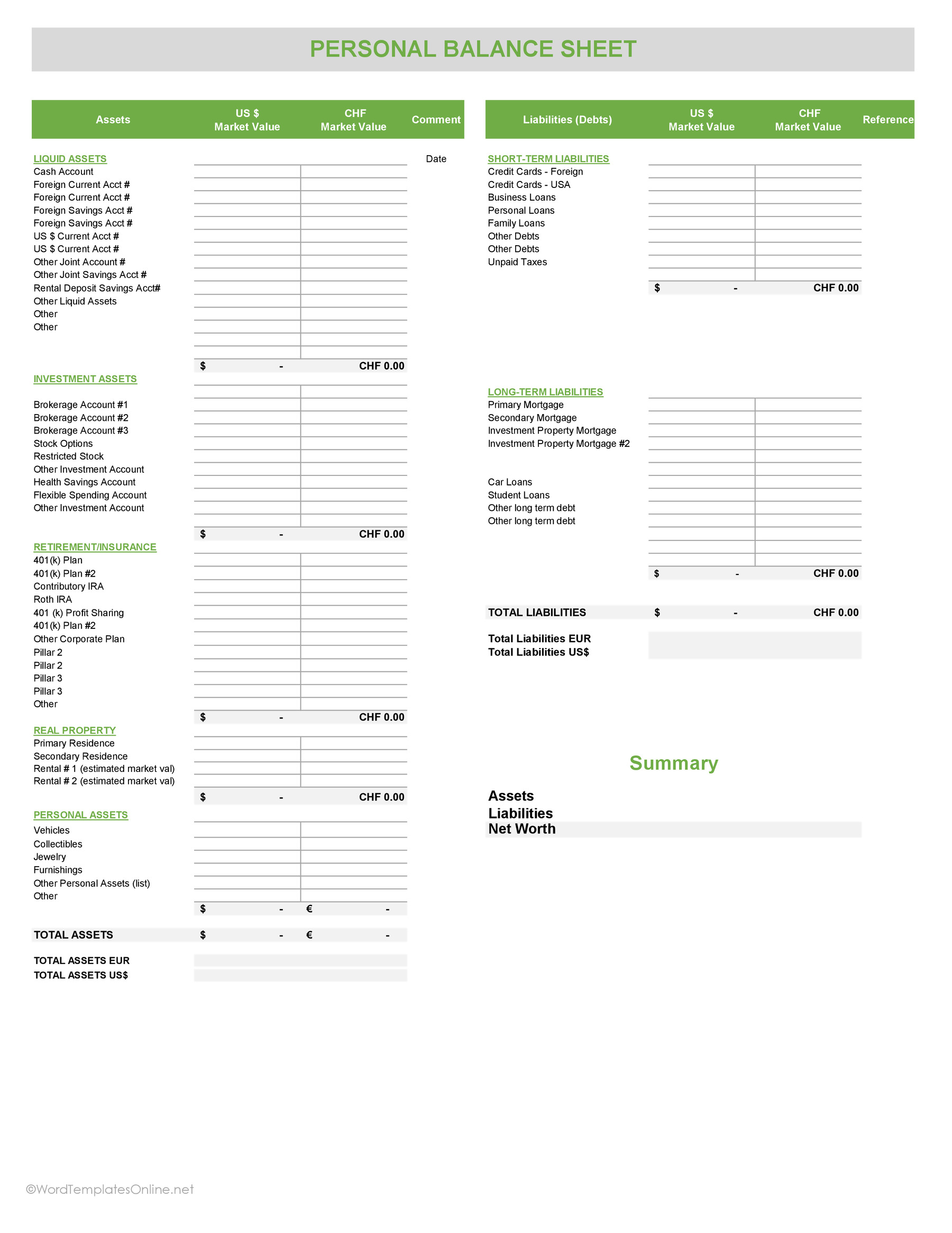 Personal Balance Sheet Templates for Excel