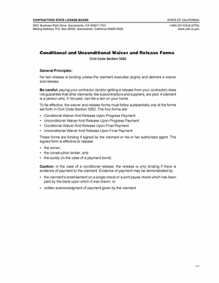 Free Unconditional Contractor (Mechanic) Lien Release Form Template for word and PDF