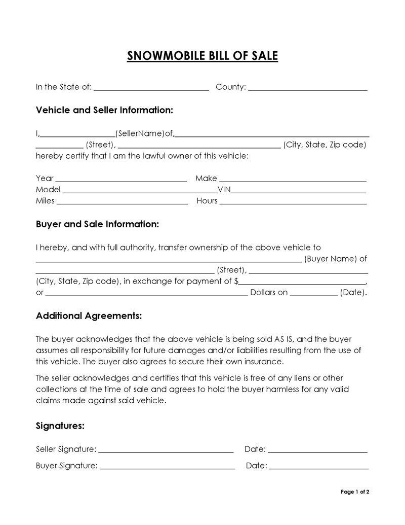 Free Snowmobile Bill of Sale Form Template for Word and PDF