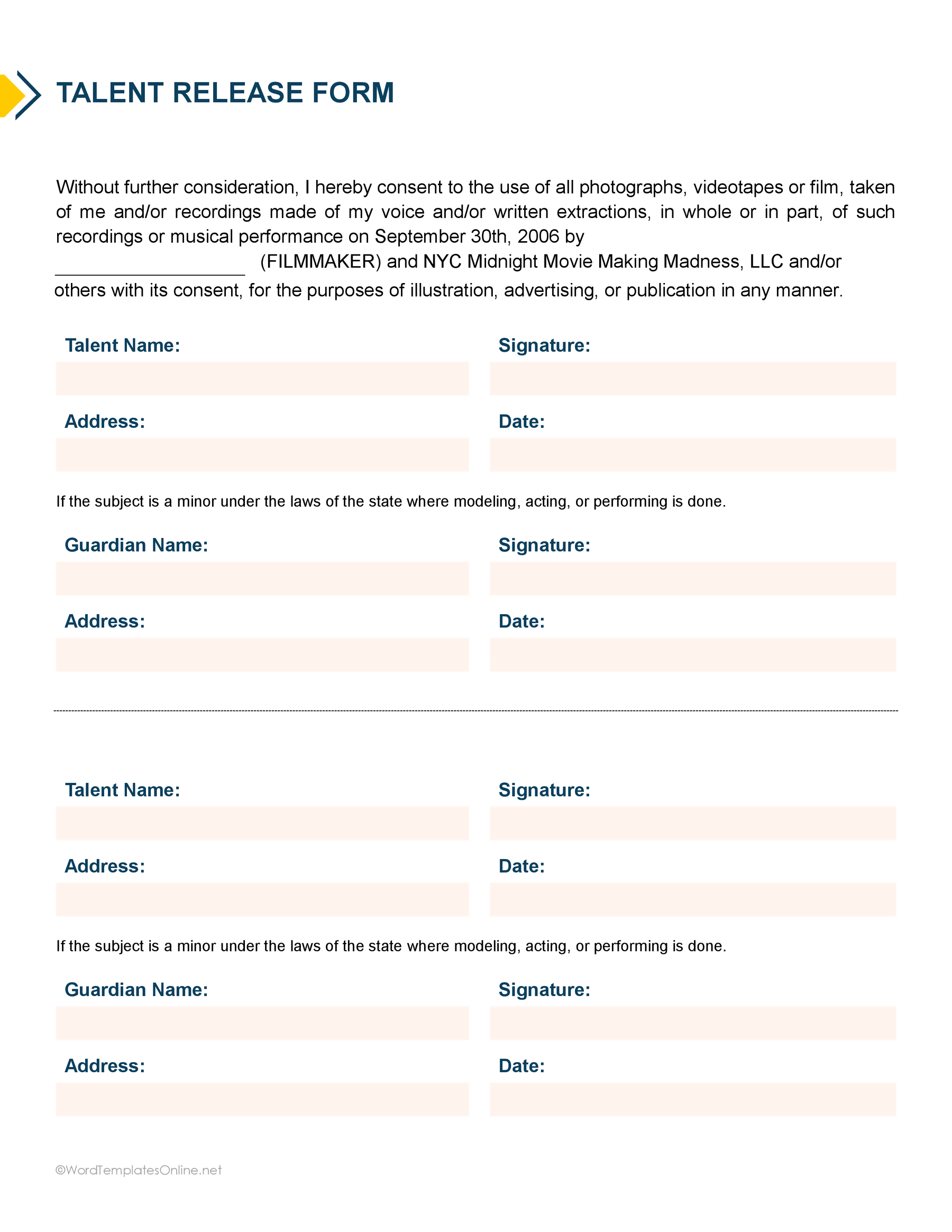 Free Talent Release Form Template for word and Google Docs