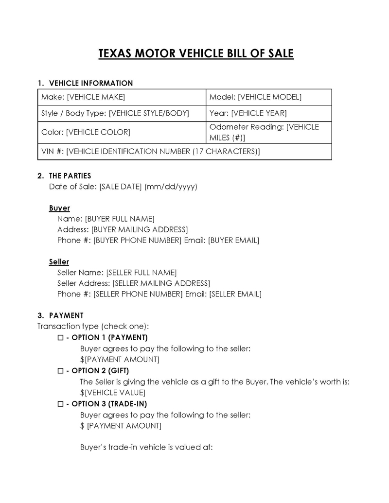 Free Texas Vehicle Bill of Sale Form Template for Word and PDF