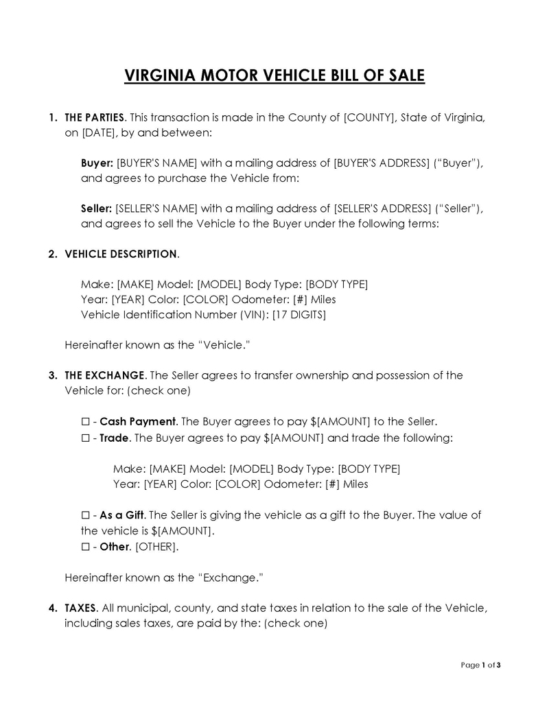 Free Virginia Vehicle Bill of Sale Form Template for PDF and Word