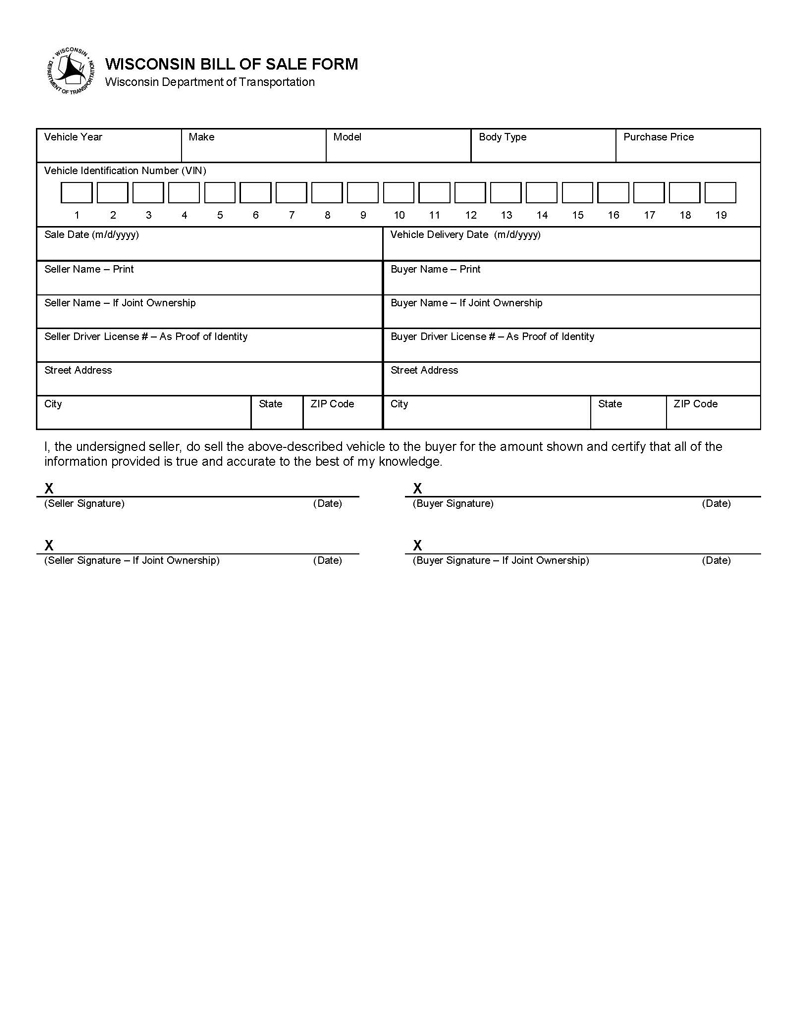 Free Wisconsin Vehicle Bill of Sale Template for Word and PDF