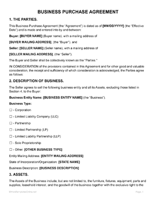 Editable Business Purchase Agreement Template in MS Word format