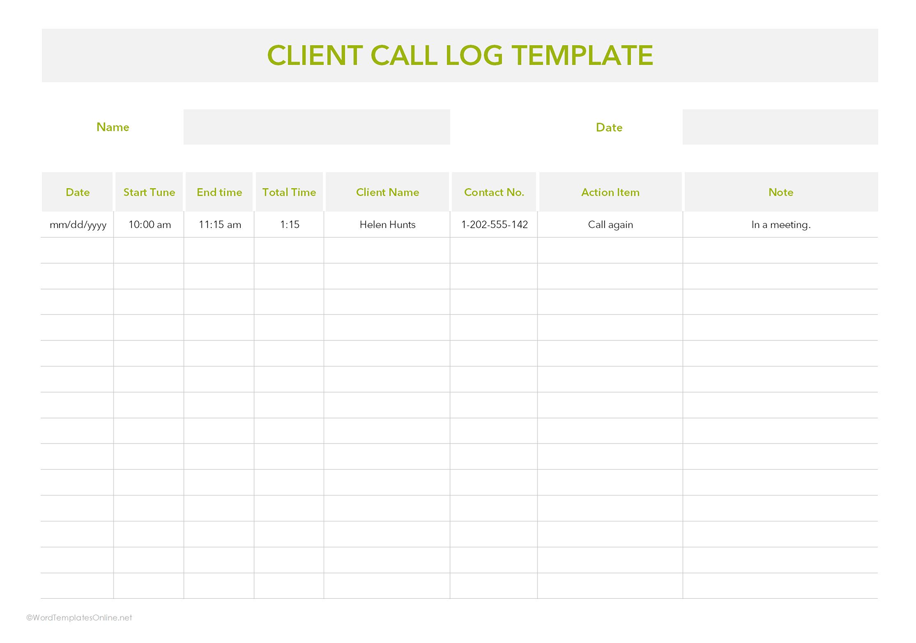 client Free call log tracker template for excel