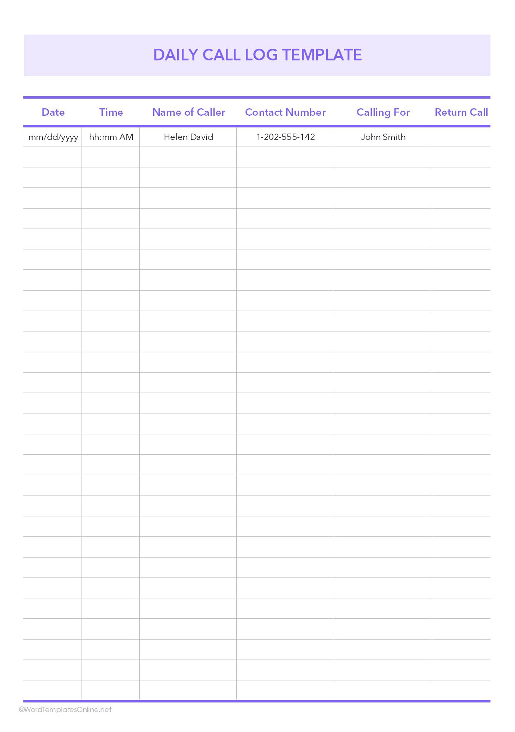 daily Call log template in excel format