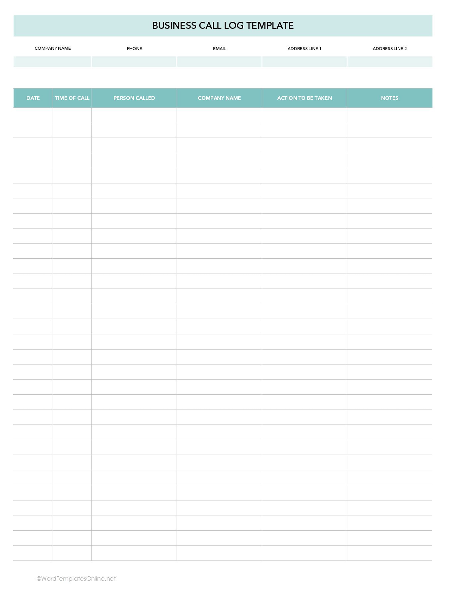 business call log in excel format