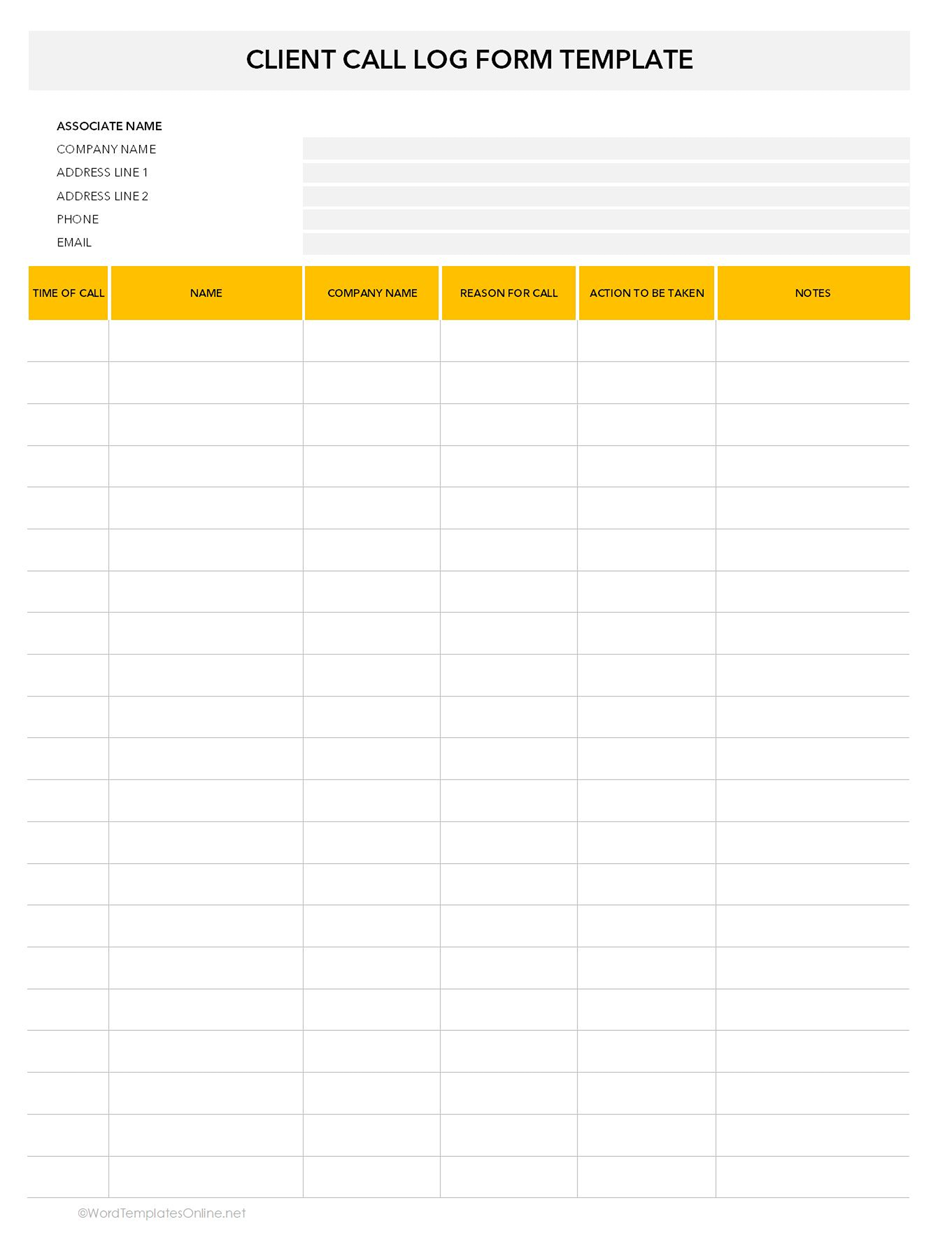 Free client call log template in excel