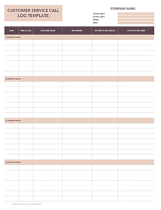 customer service Call Log Template in excel