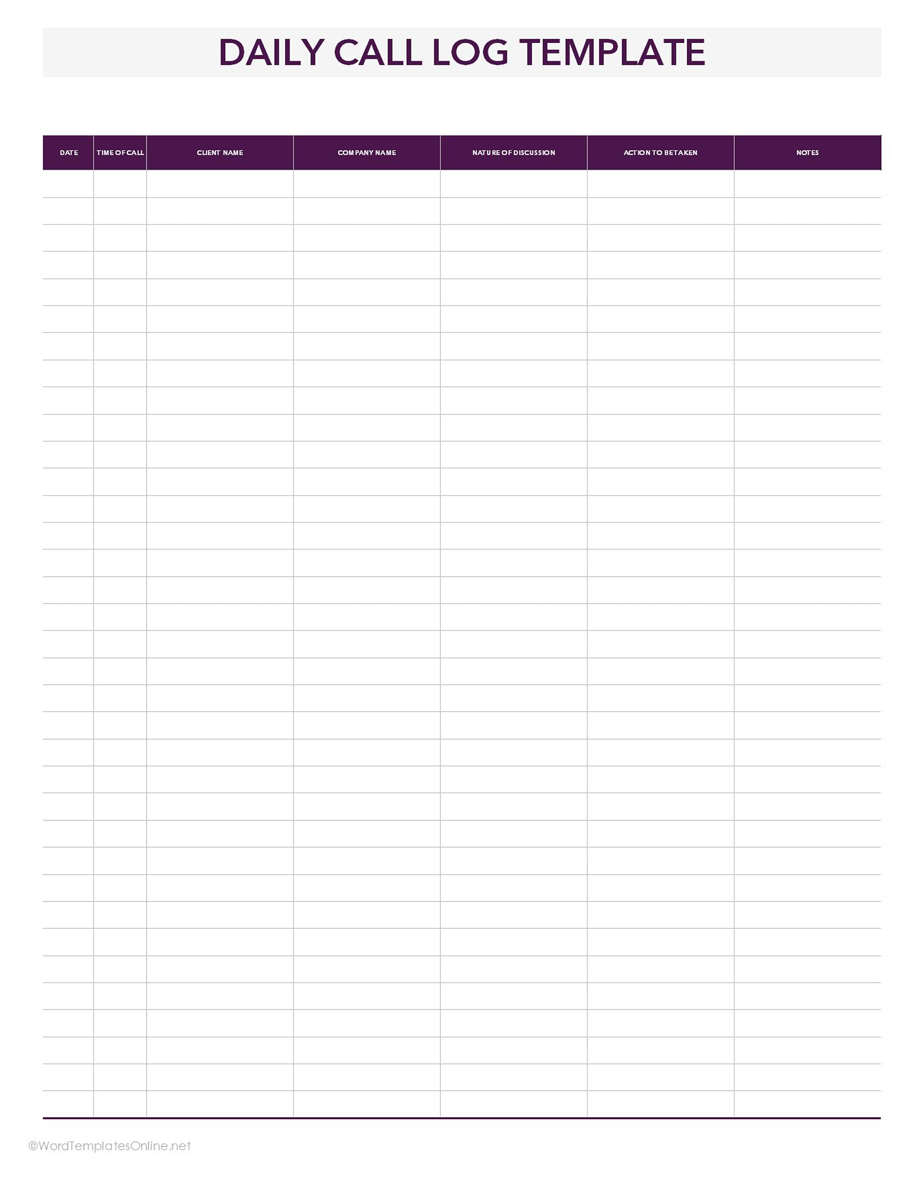 daily call log template in excel format