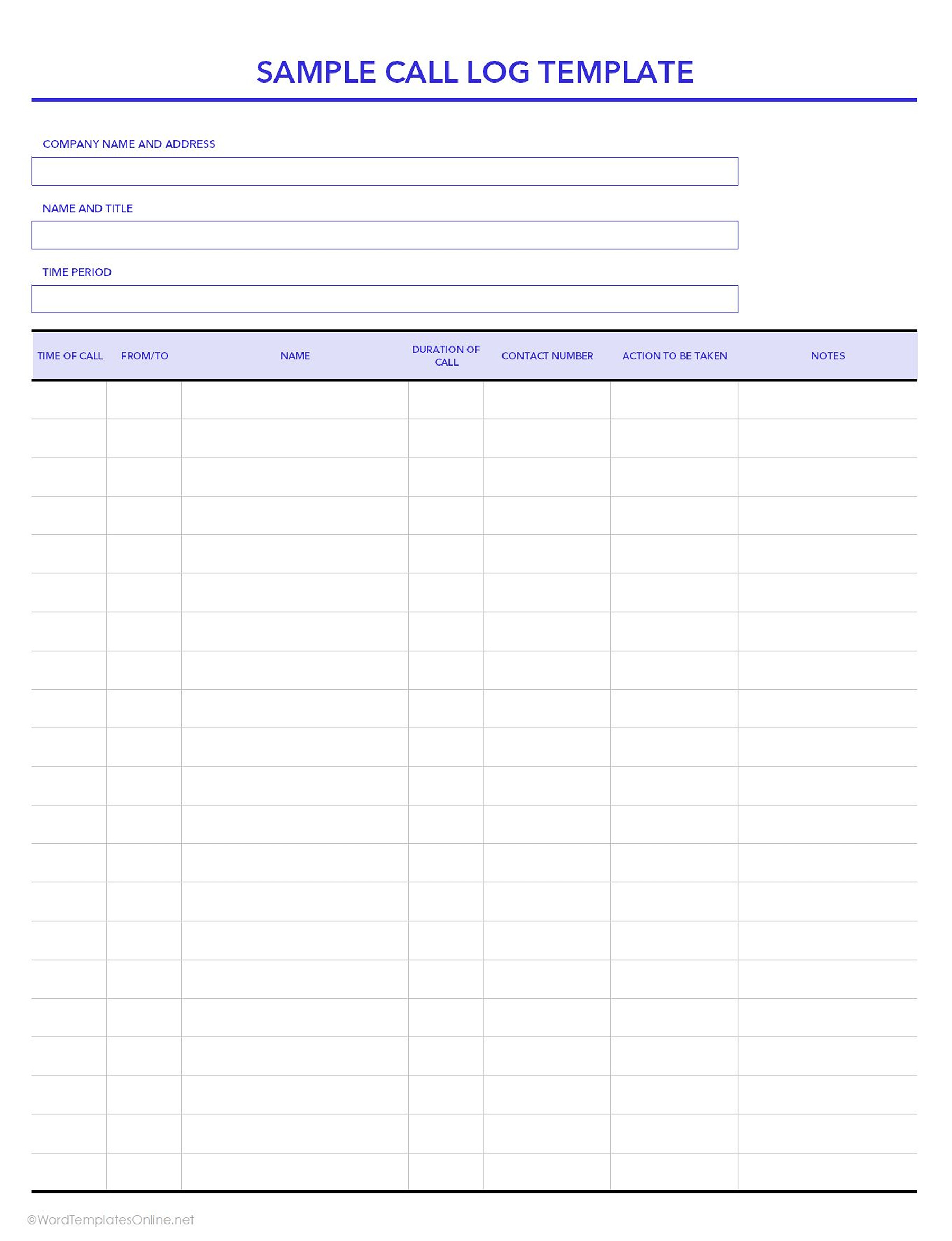 Free sample call log template in excel format