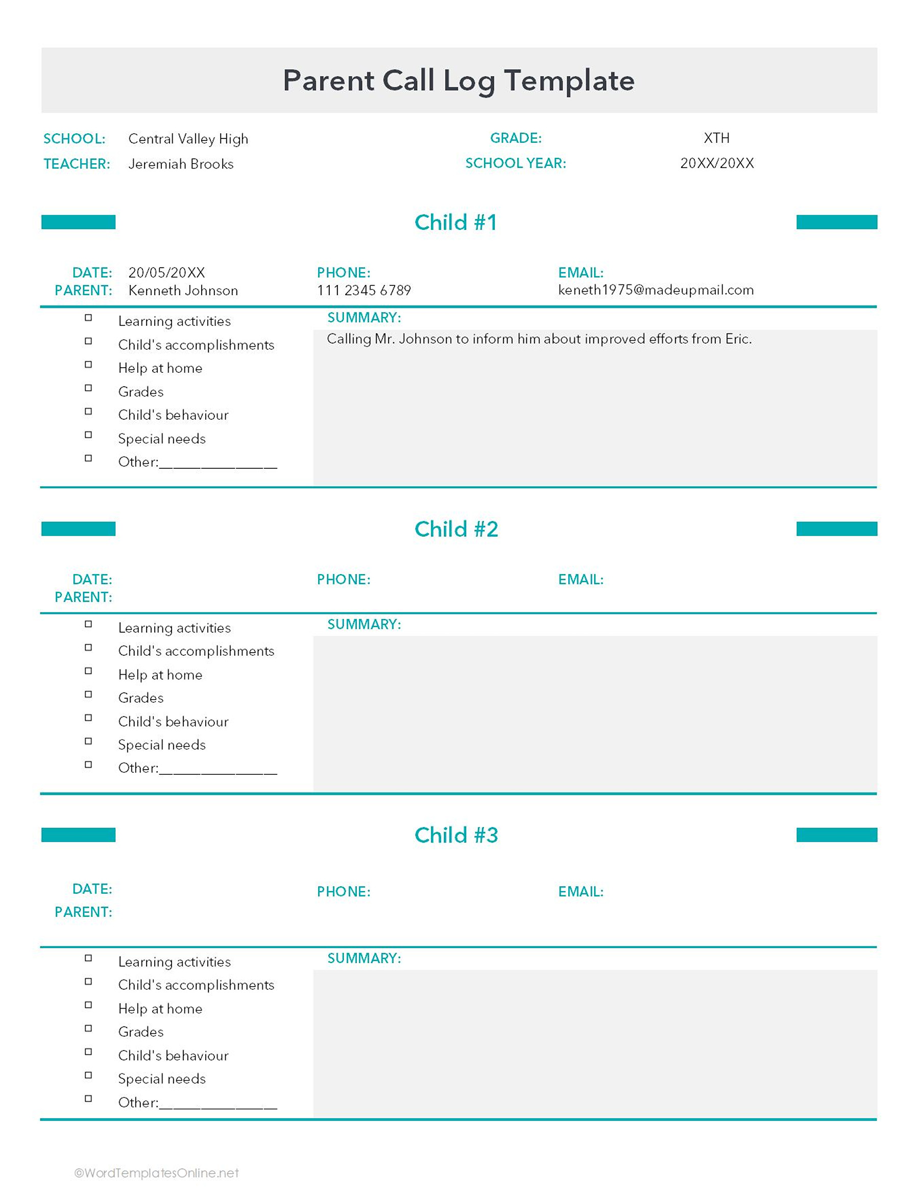 parent call log in excel format free download