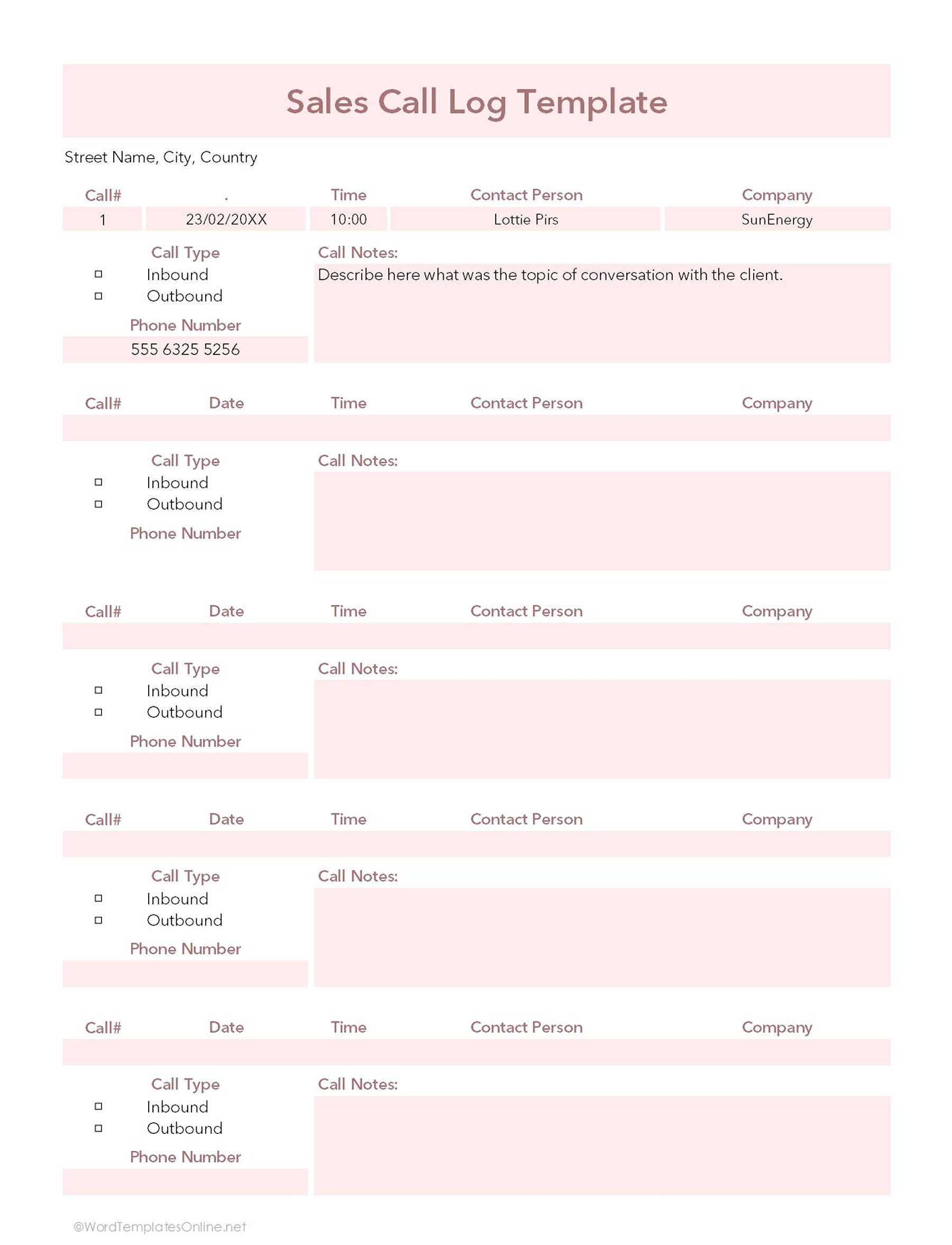 free printable sales call log template download