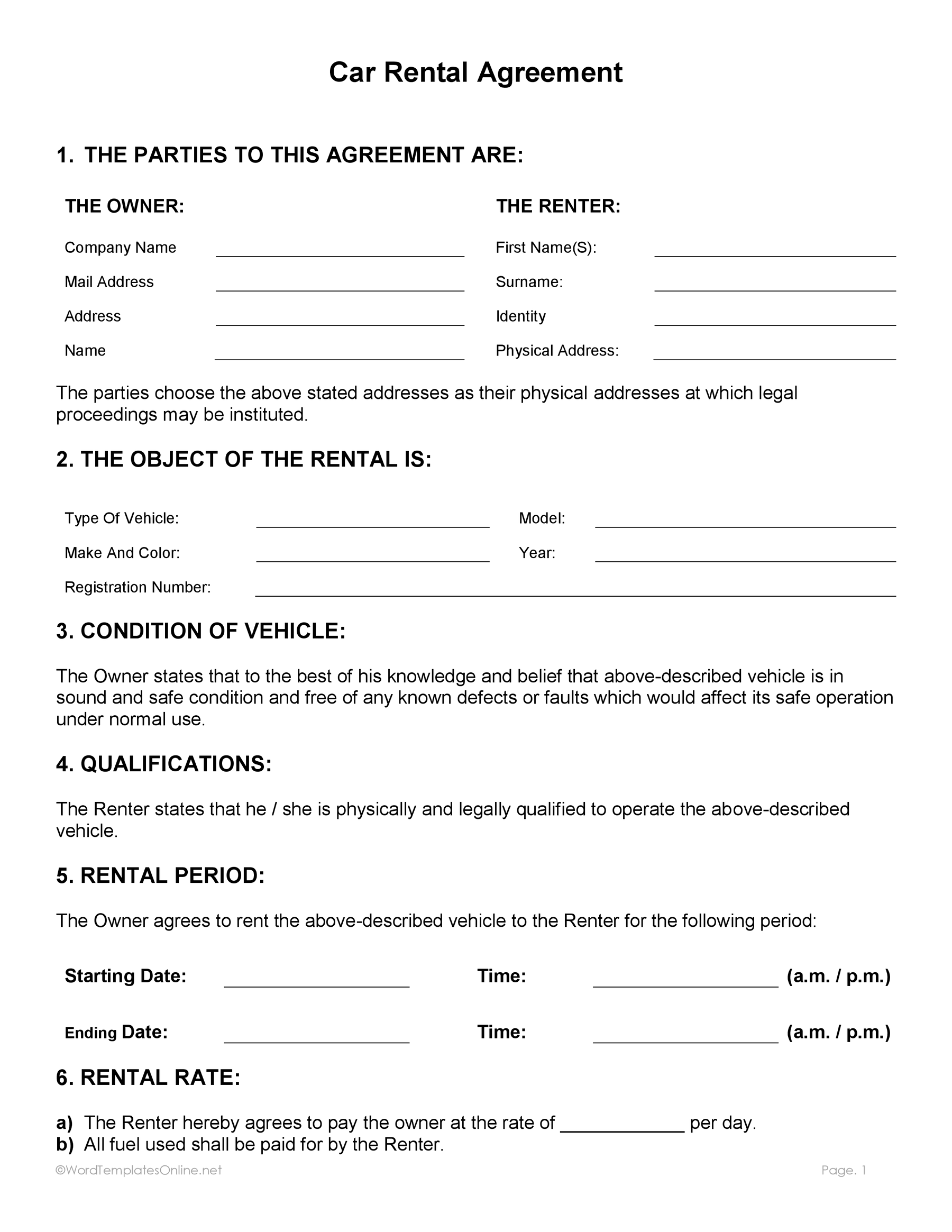 Customizable Car Rental Form Template – MS Word