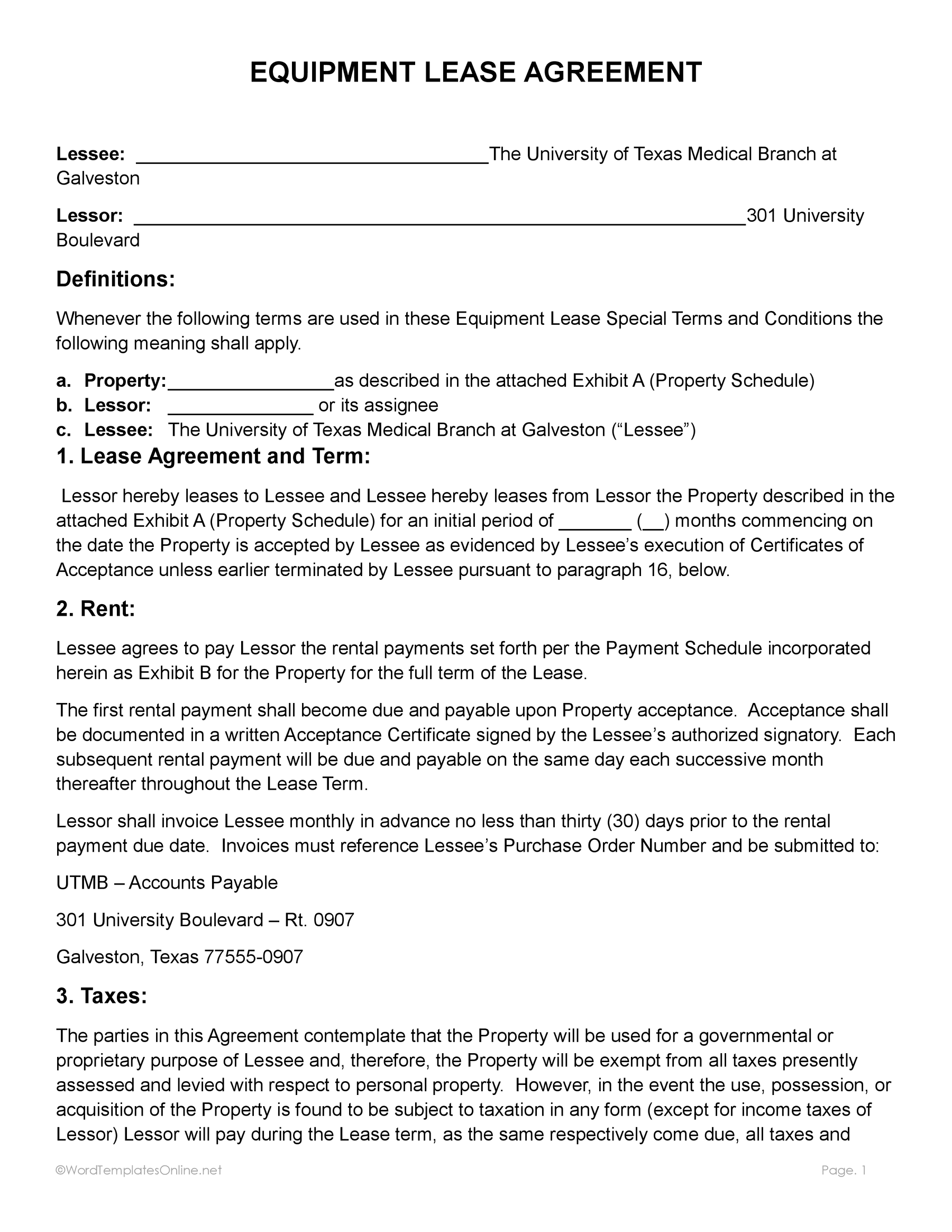 Printable Equipment Lease Agreement Template