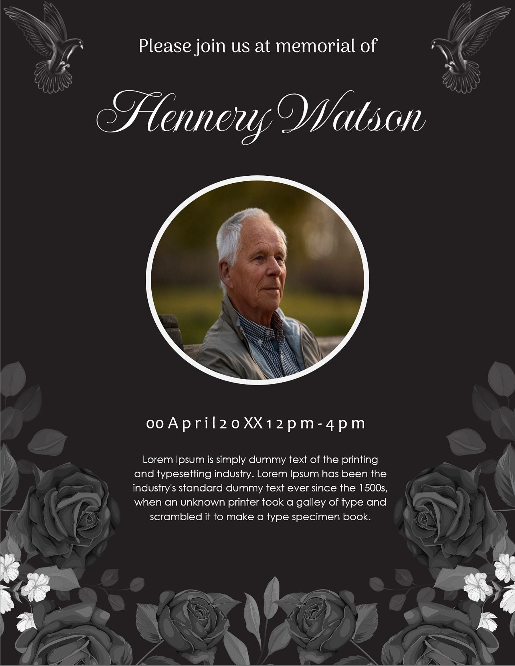 Funeral invitation card template with photo placeholder
