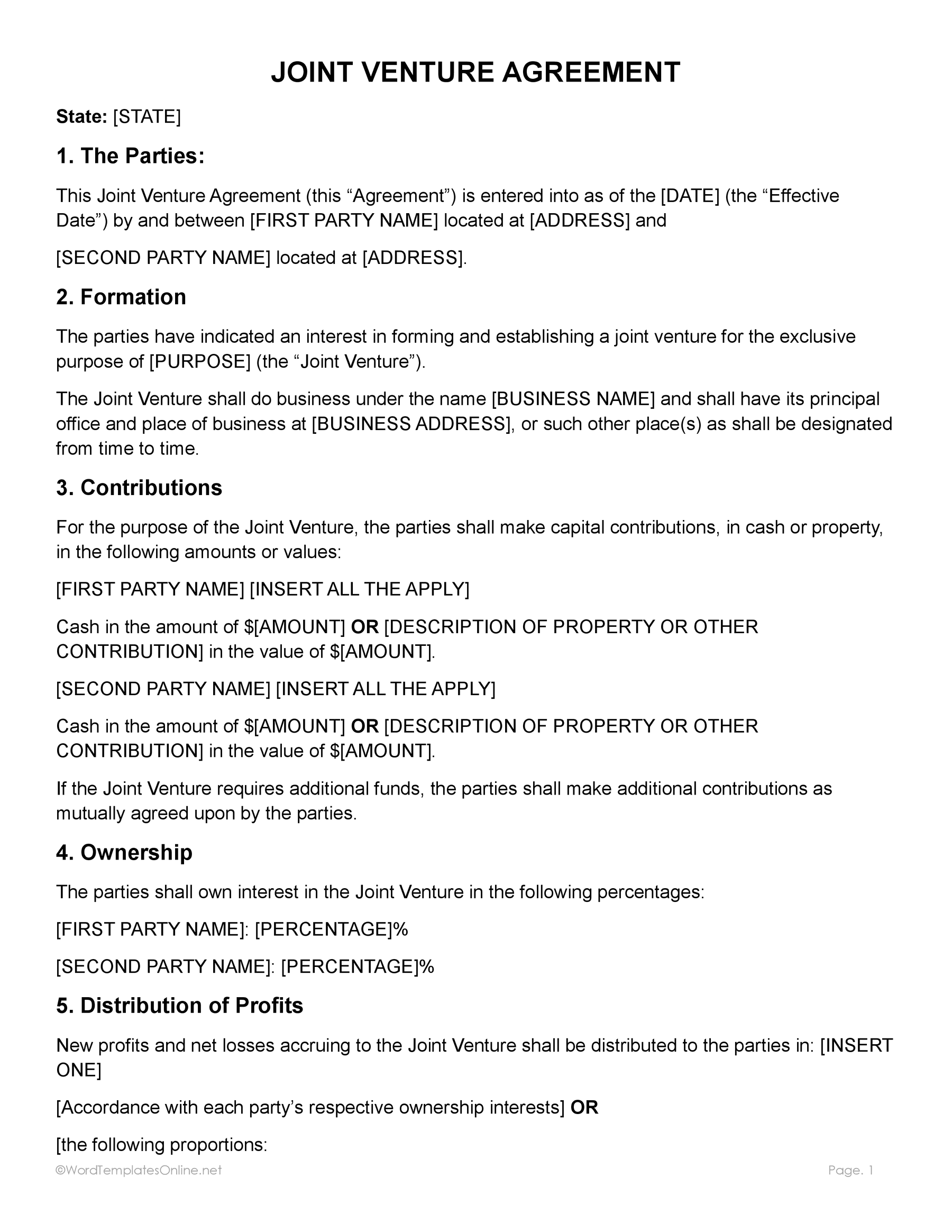 Joint Venture Agreement Template in Word Format
