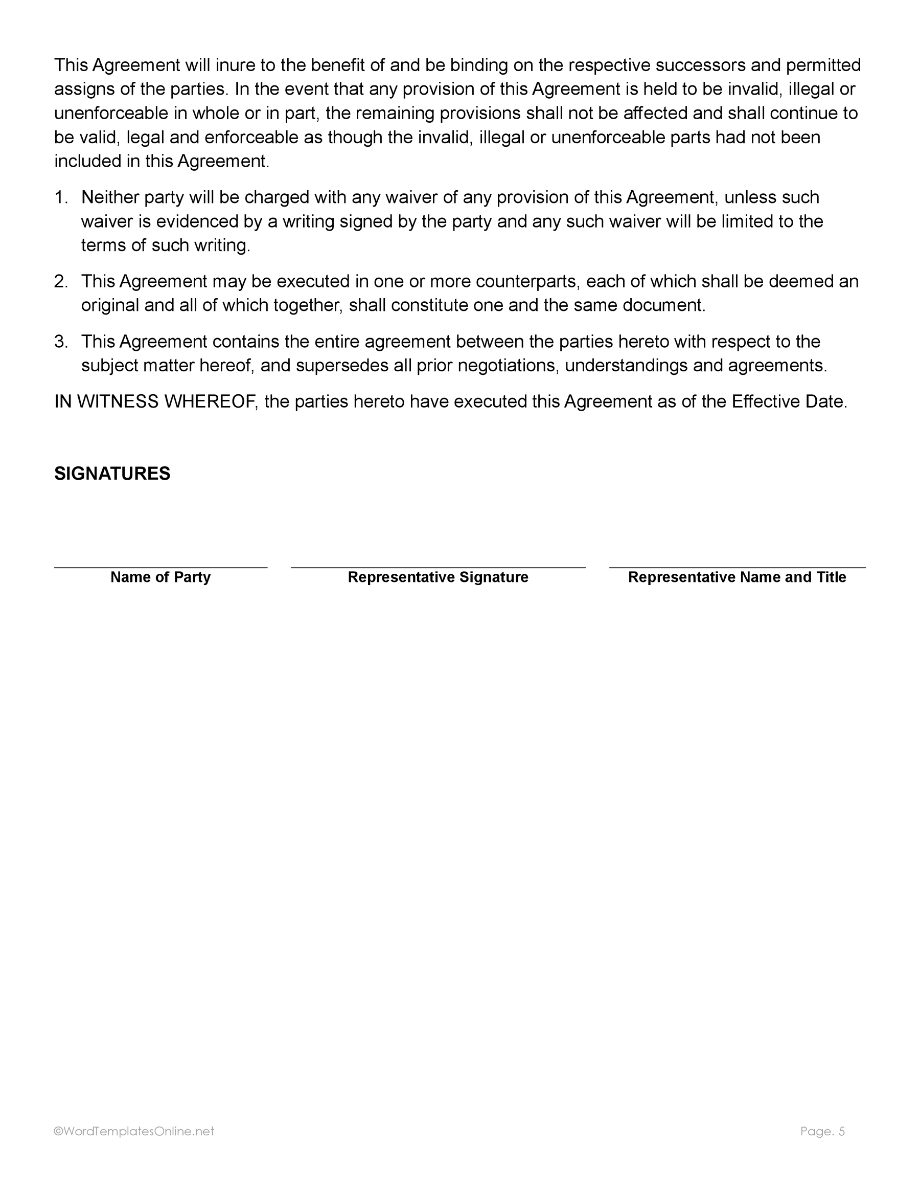 Joint Venture Agreement Sample in Word