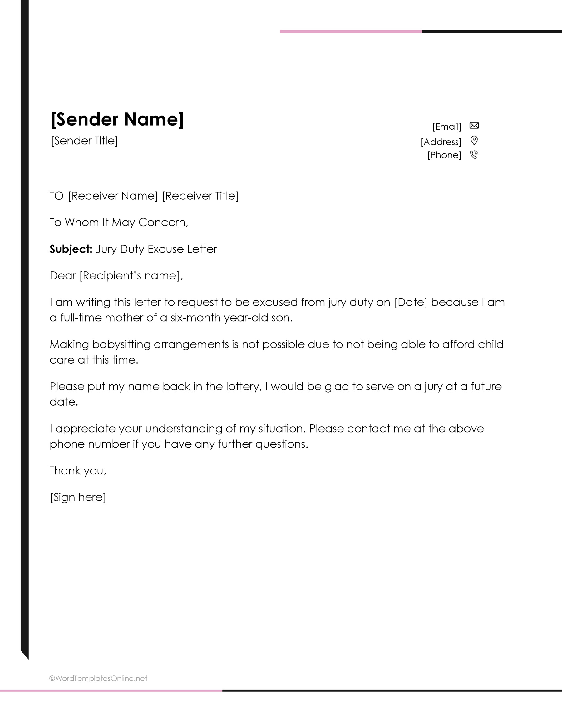 Structured letter format to excuse jury duty