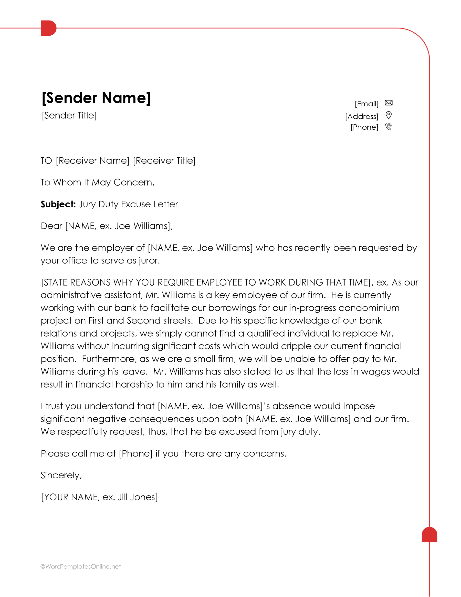 Microsoft Word template for jury duty excuse