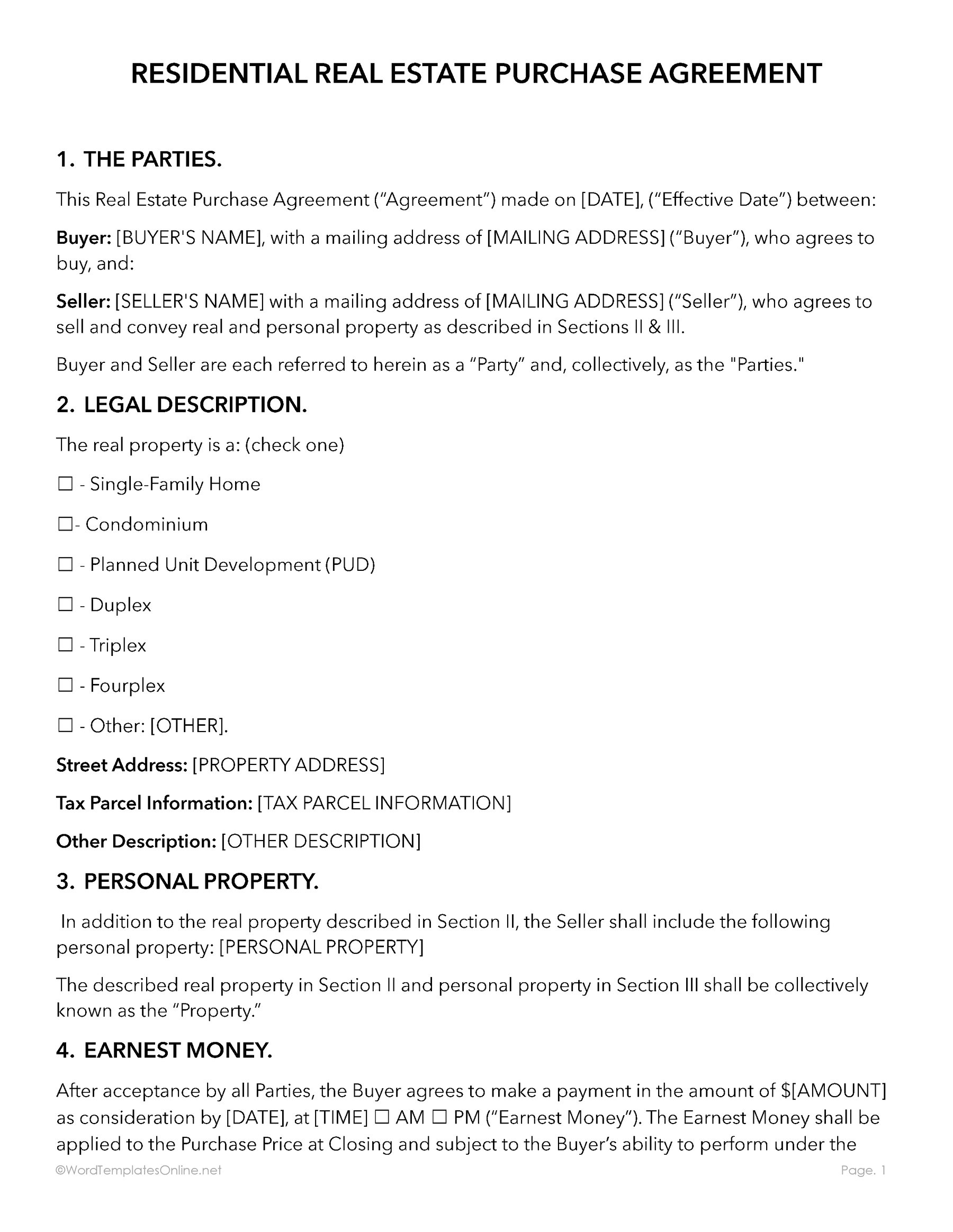 Free Real Estate Purchase Agreement Template