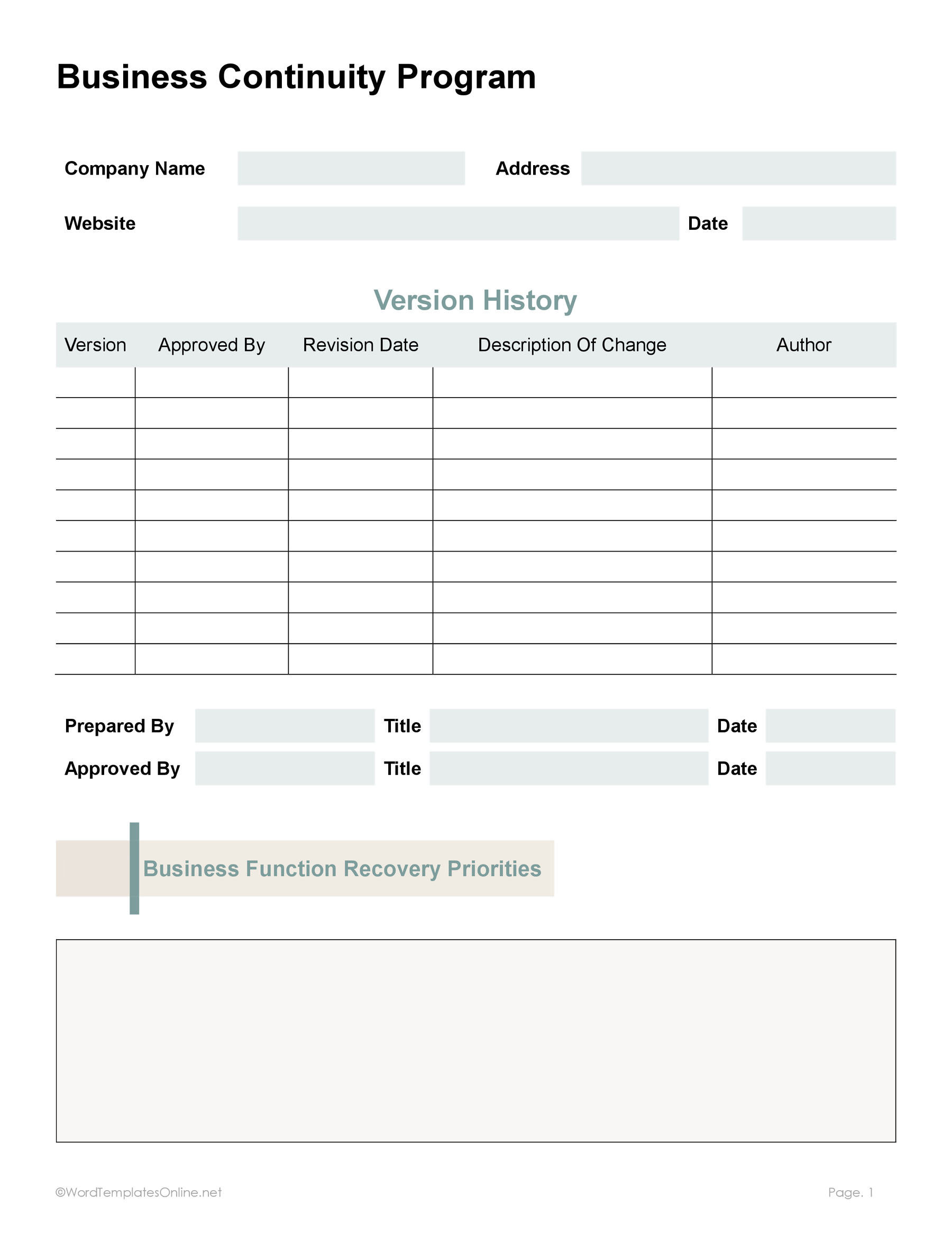 Simple business continuity Word document example