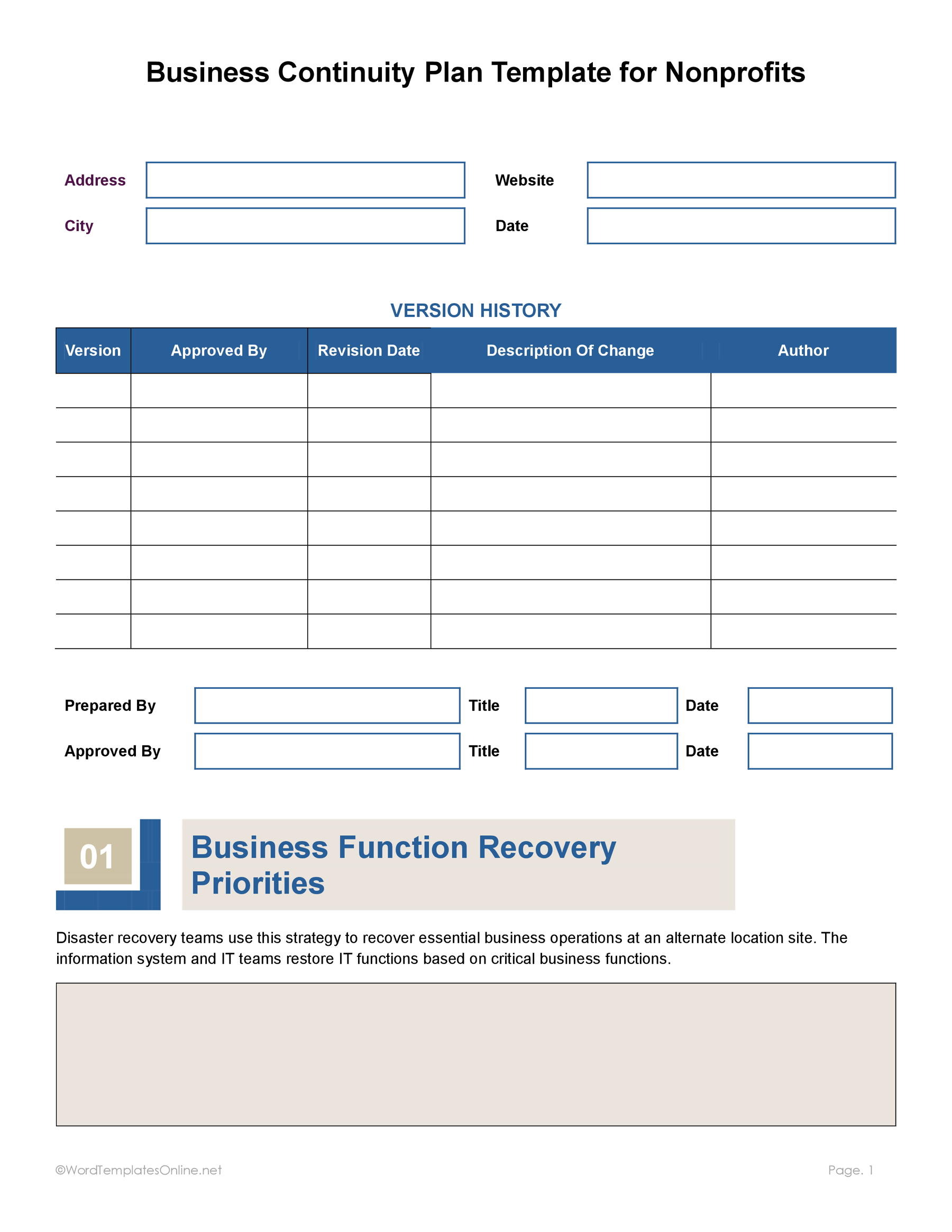 Printable business continuity plan Word file