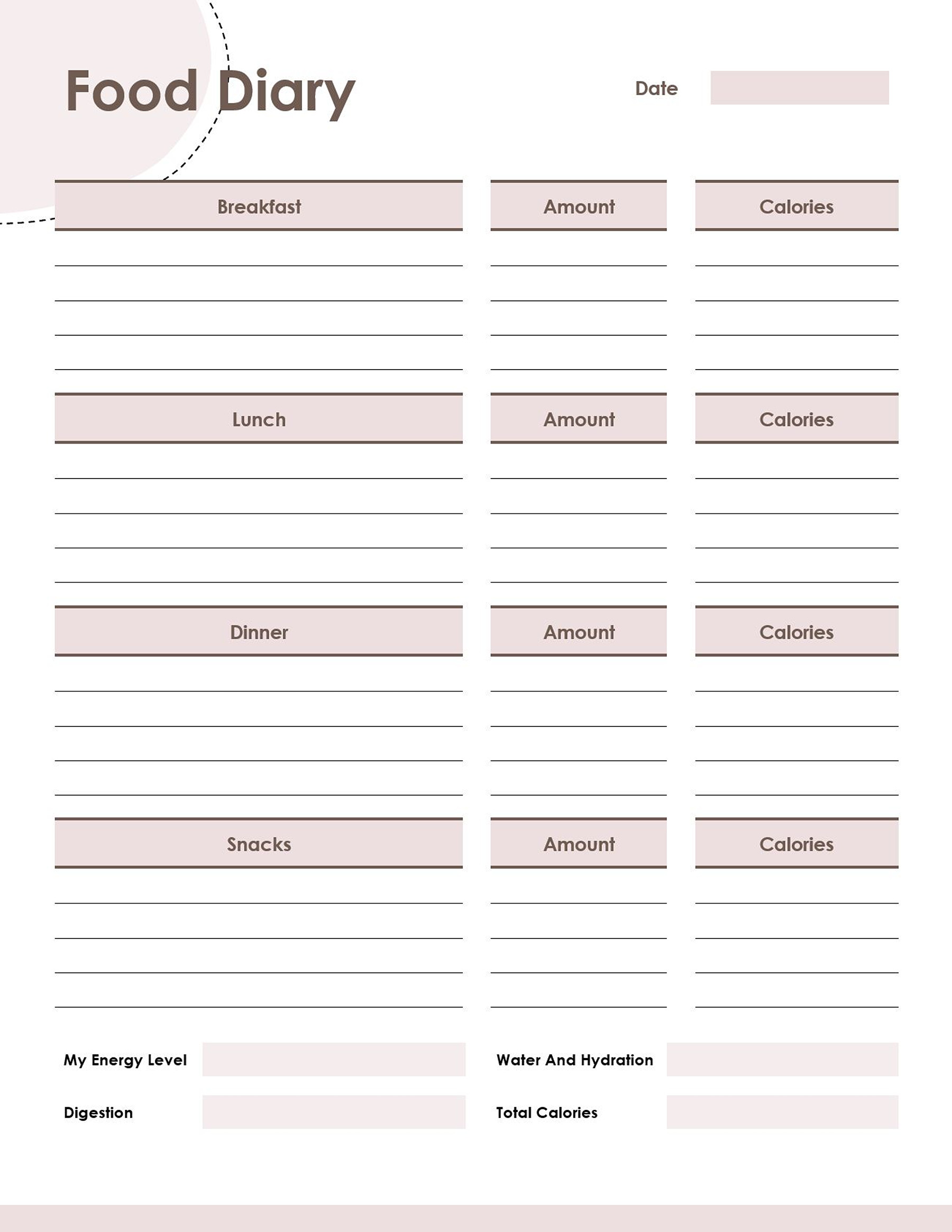 Food Diary Template Free download in ms word