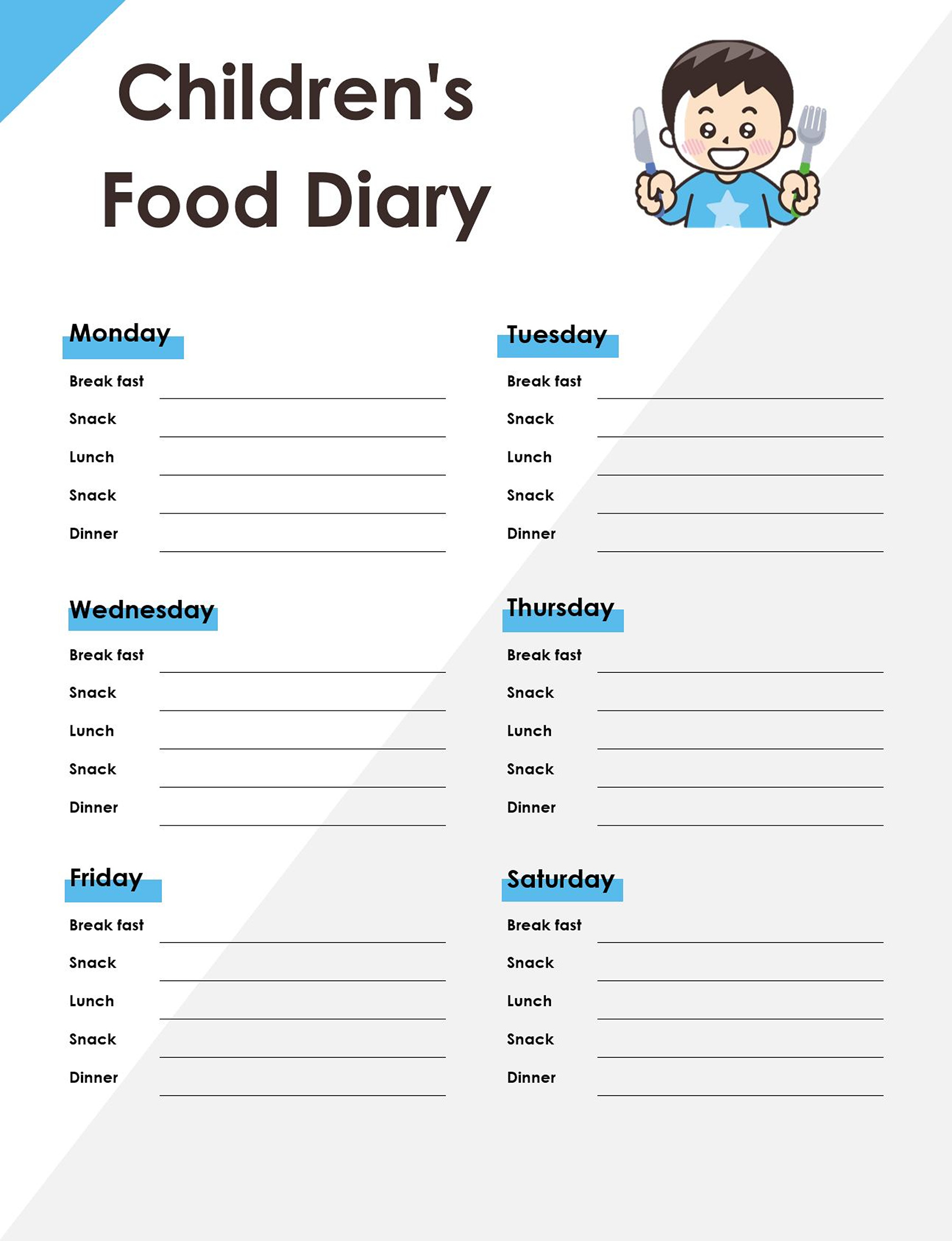 Children's Food Diary Template in ms word