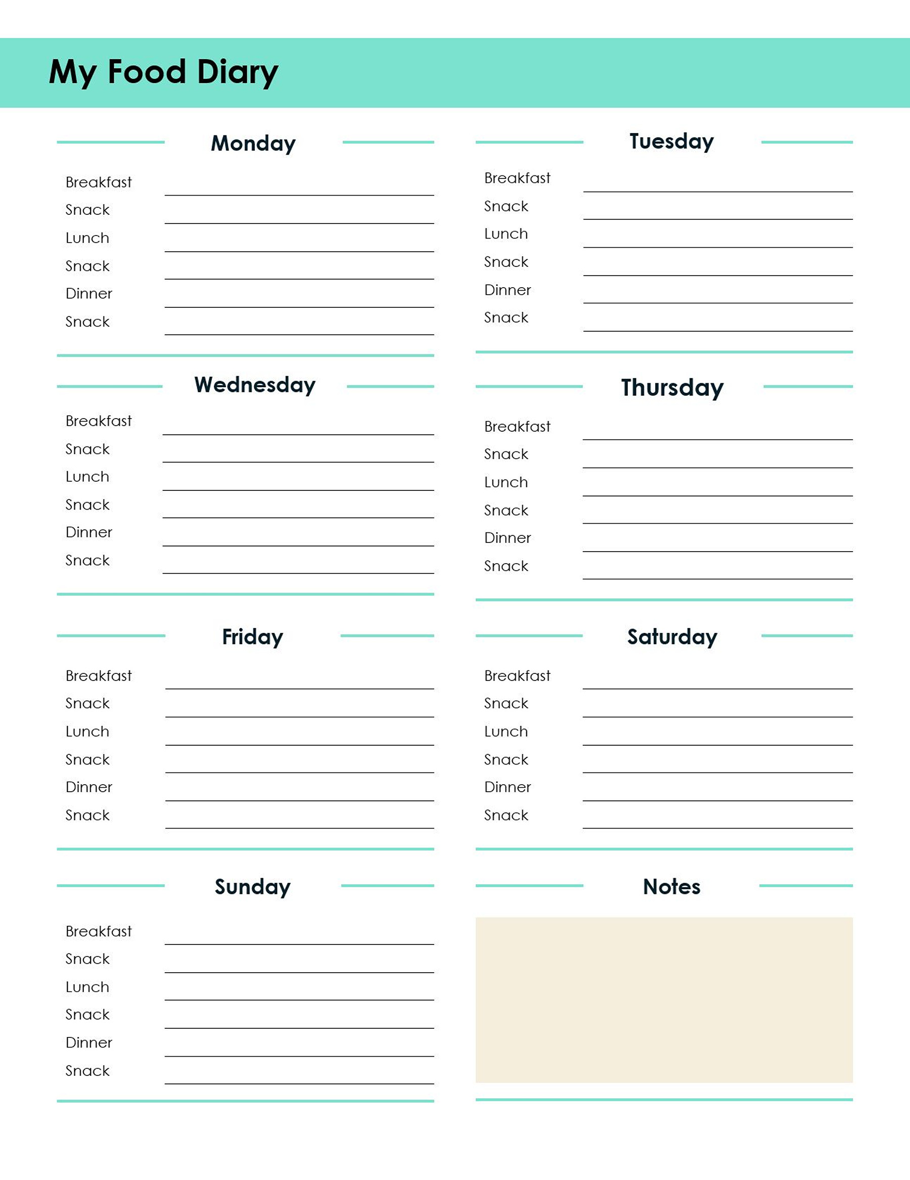 My Food dairy free download in ms word