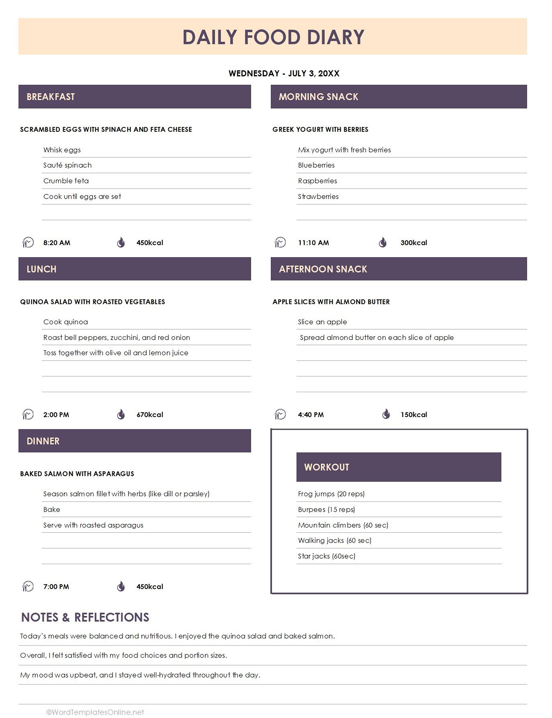 excel format Daily Food Diary Template