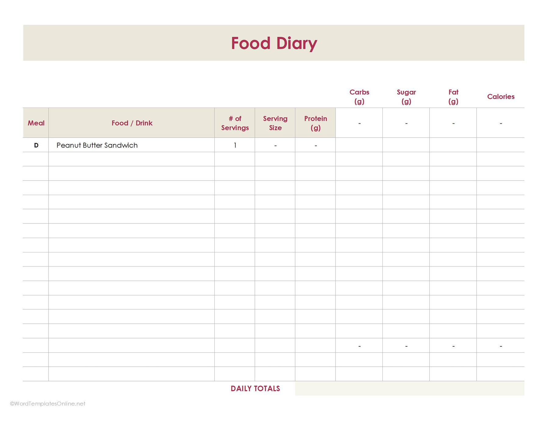 Food Diary Template in excel