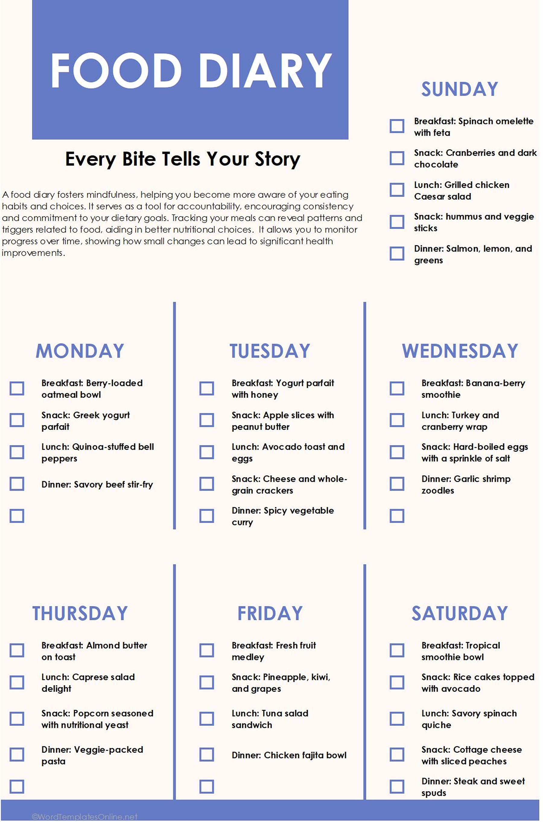 Food Diary Template in excel format