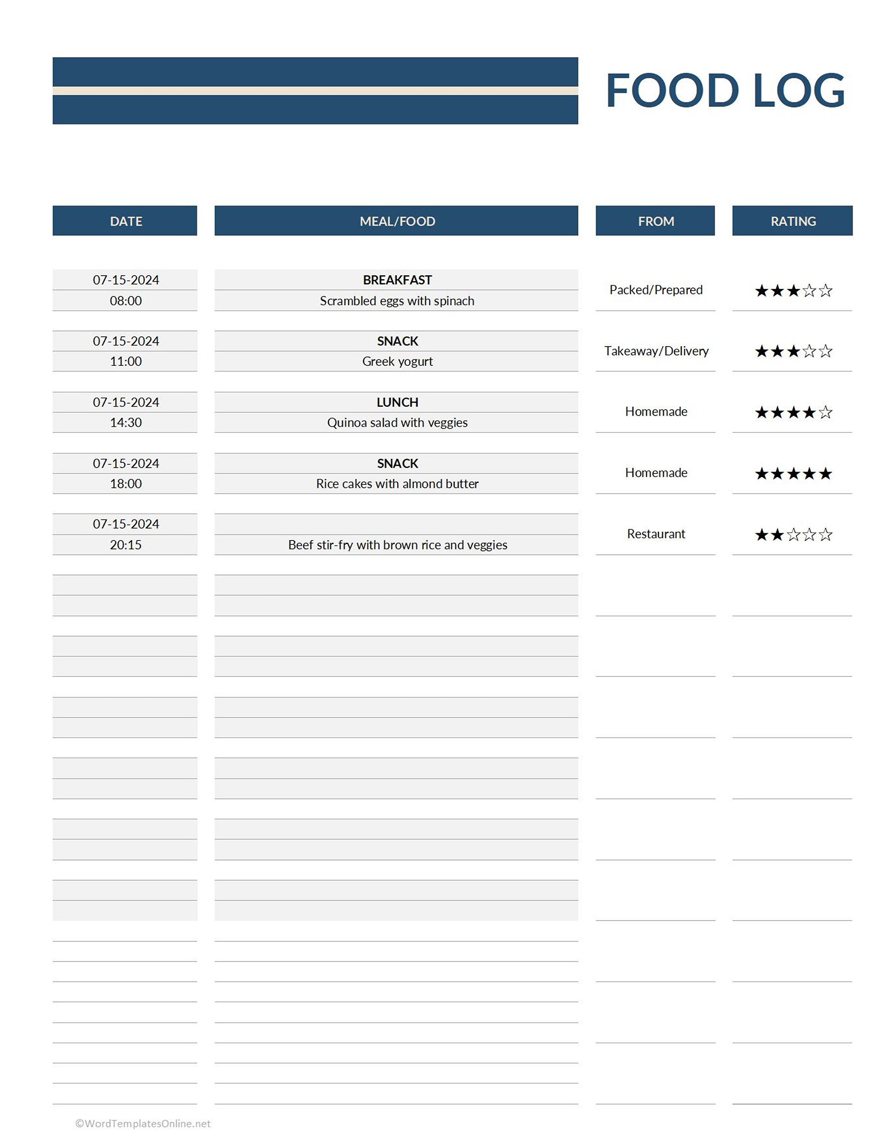 Excel format Food Diary Template free download