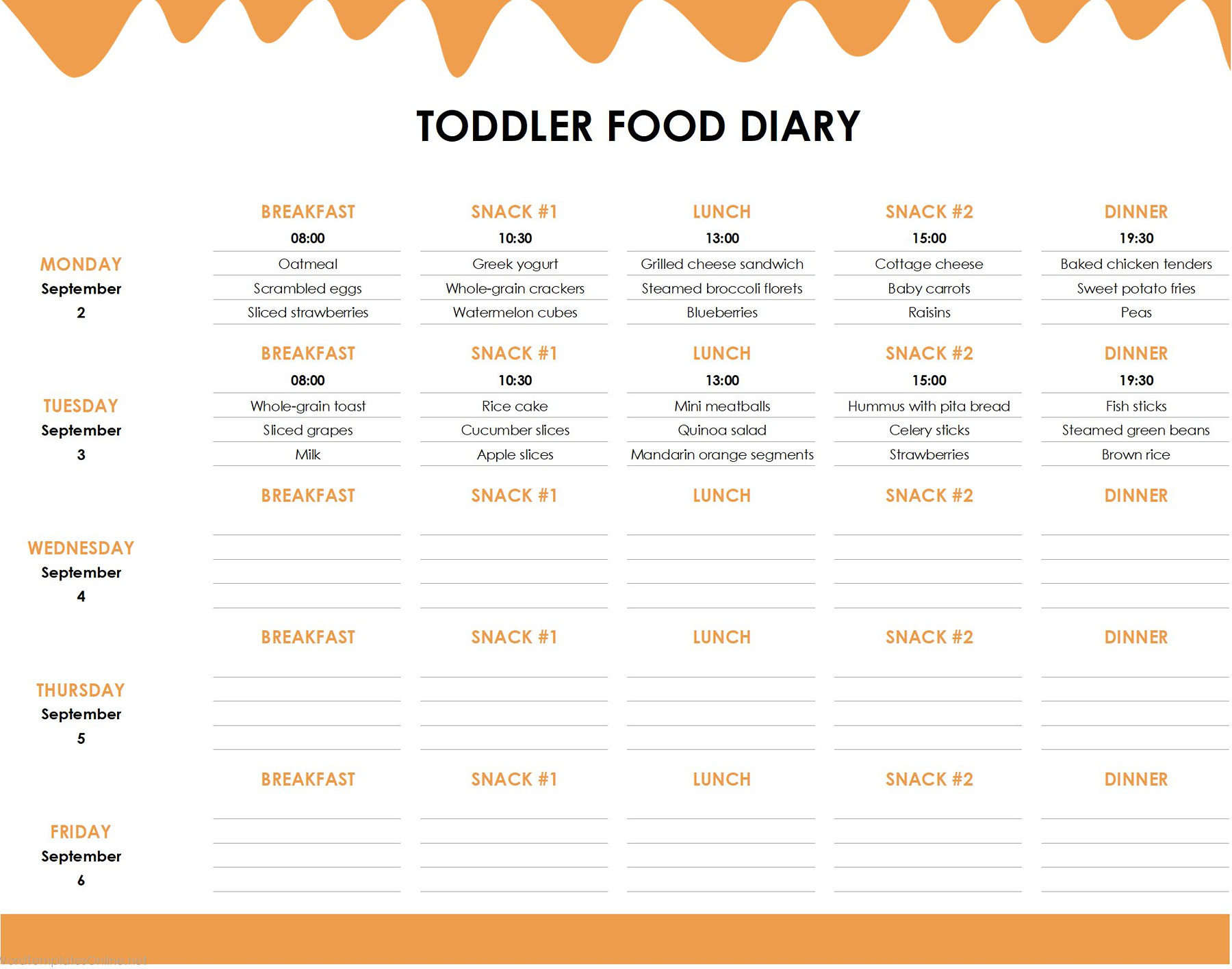 Toddler Food Diary Template in excel format