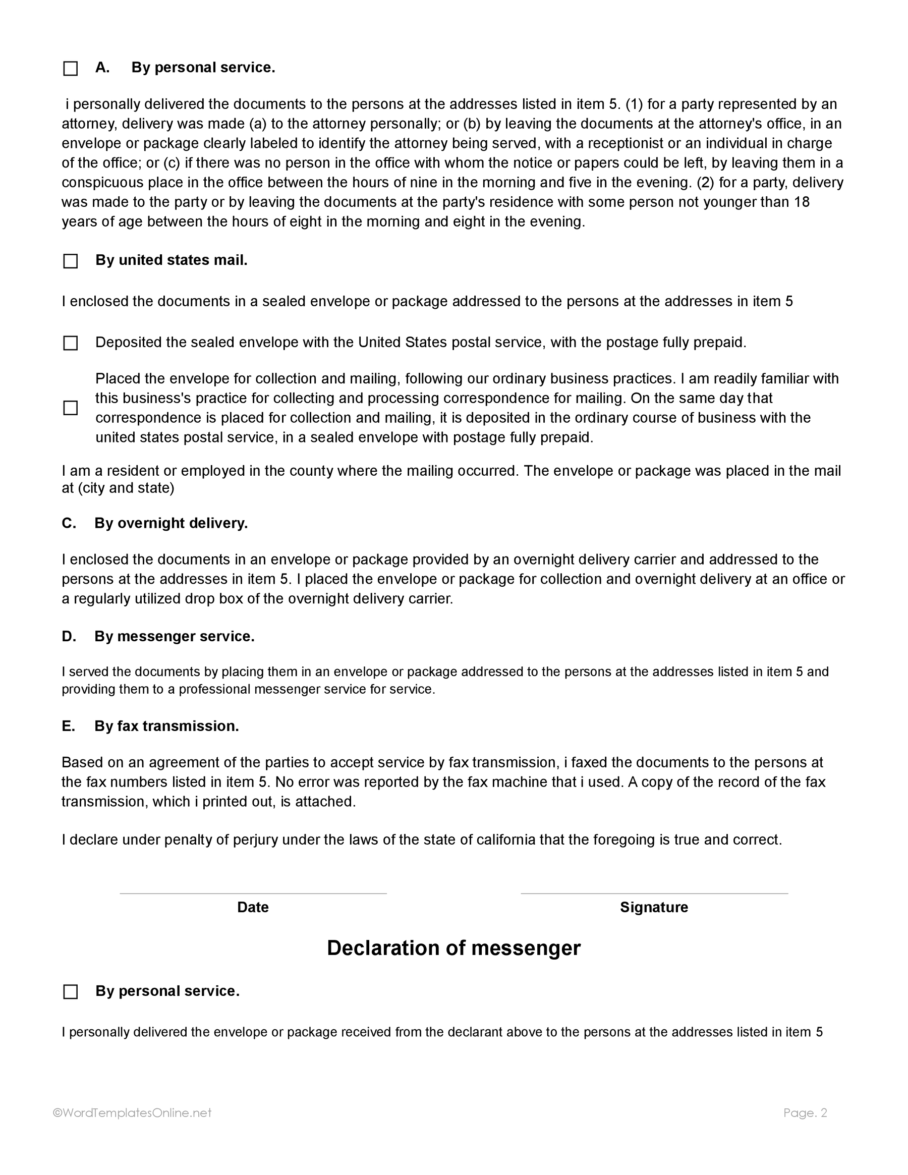 Free Downloadable Proof of Service Template in word format