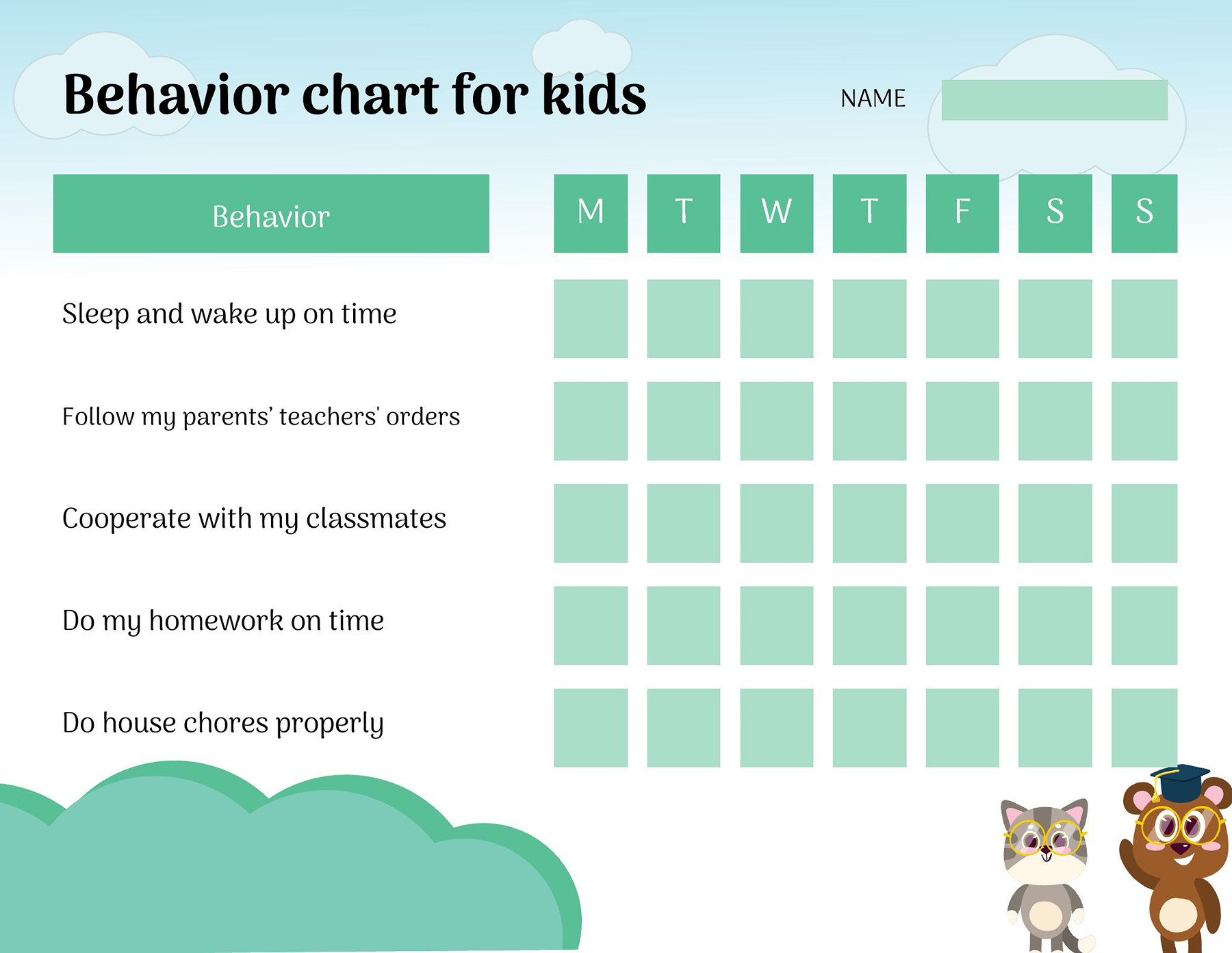 Behavior chart template for Kids download in ms word