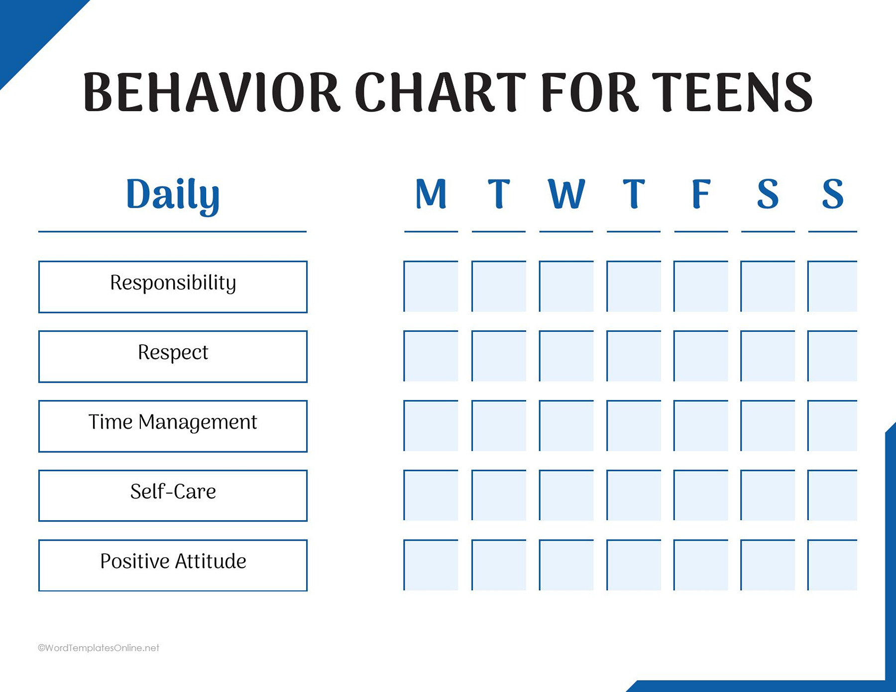 Printable behavior chart for teens in ms word