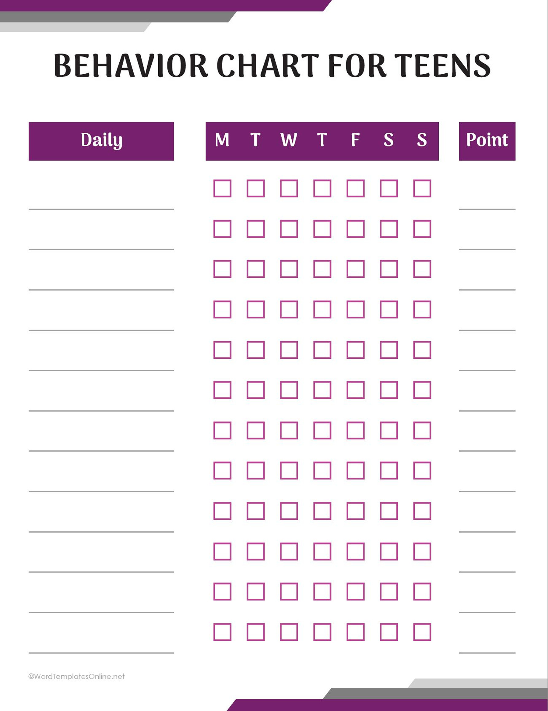 Teens printable behavior log download