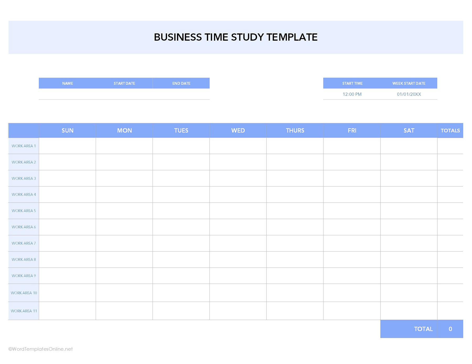 Business Time study template in Excel format