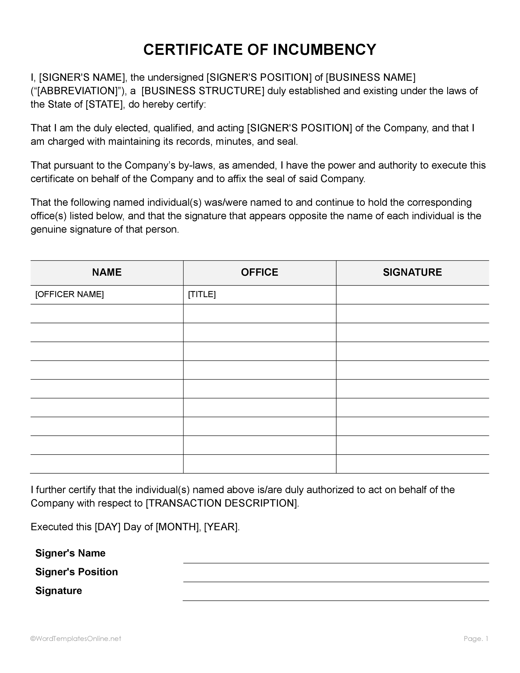 Editable certificate of incumbency template in ms word