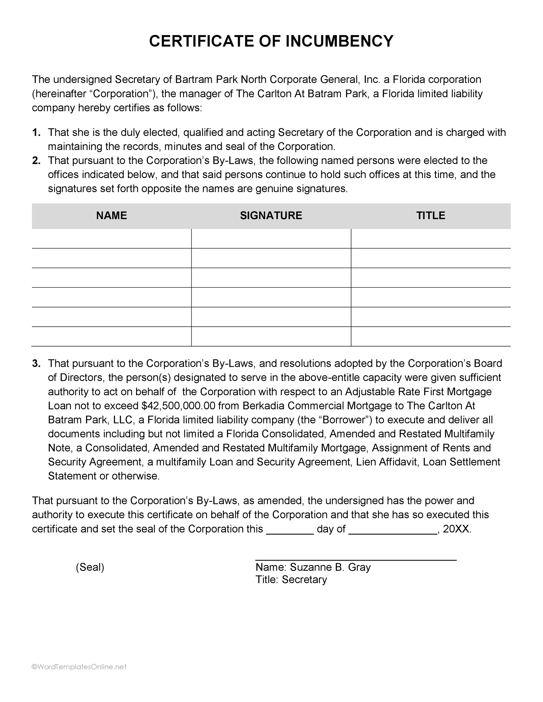 Official certificate of incumbency template