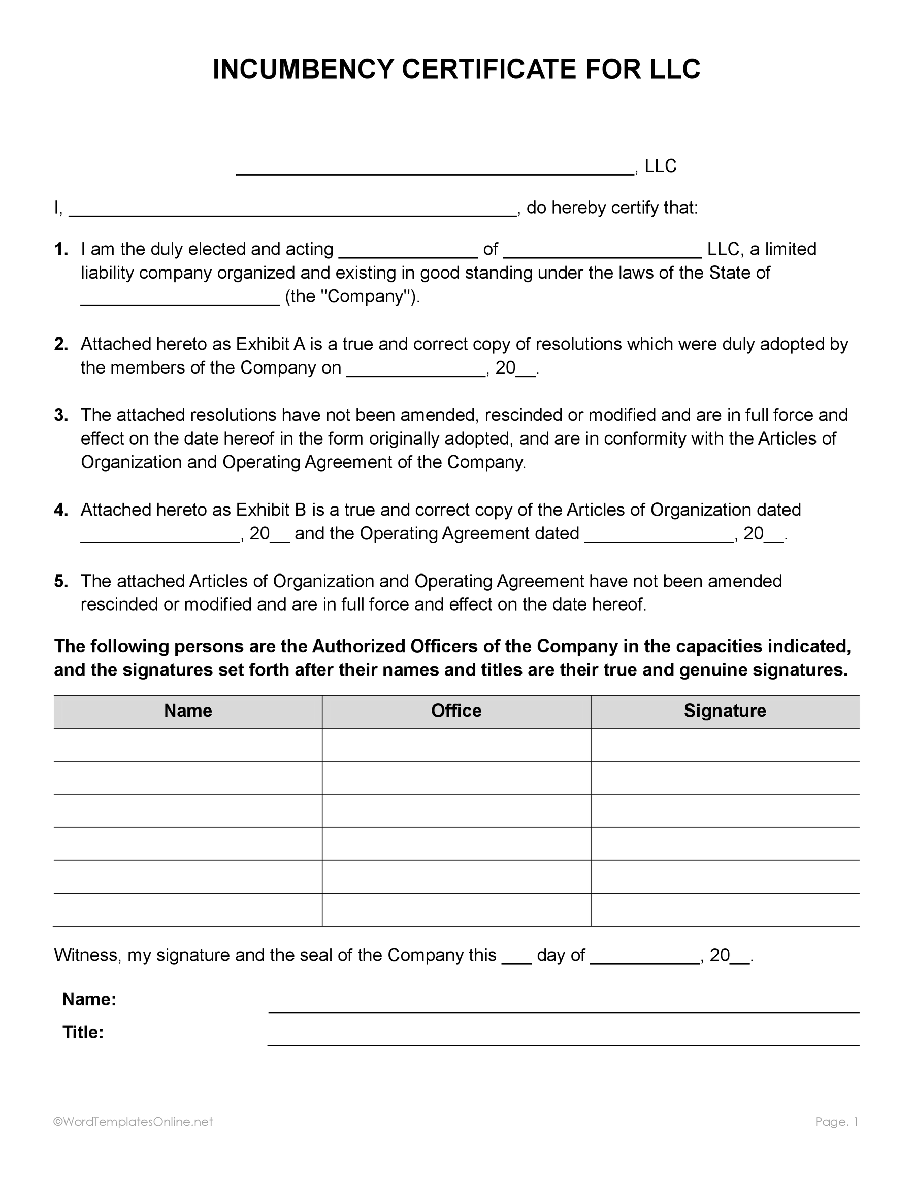 Official certificate of incumbency template in ms word