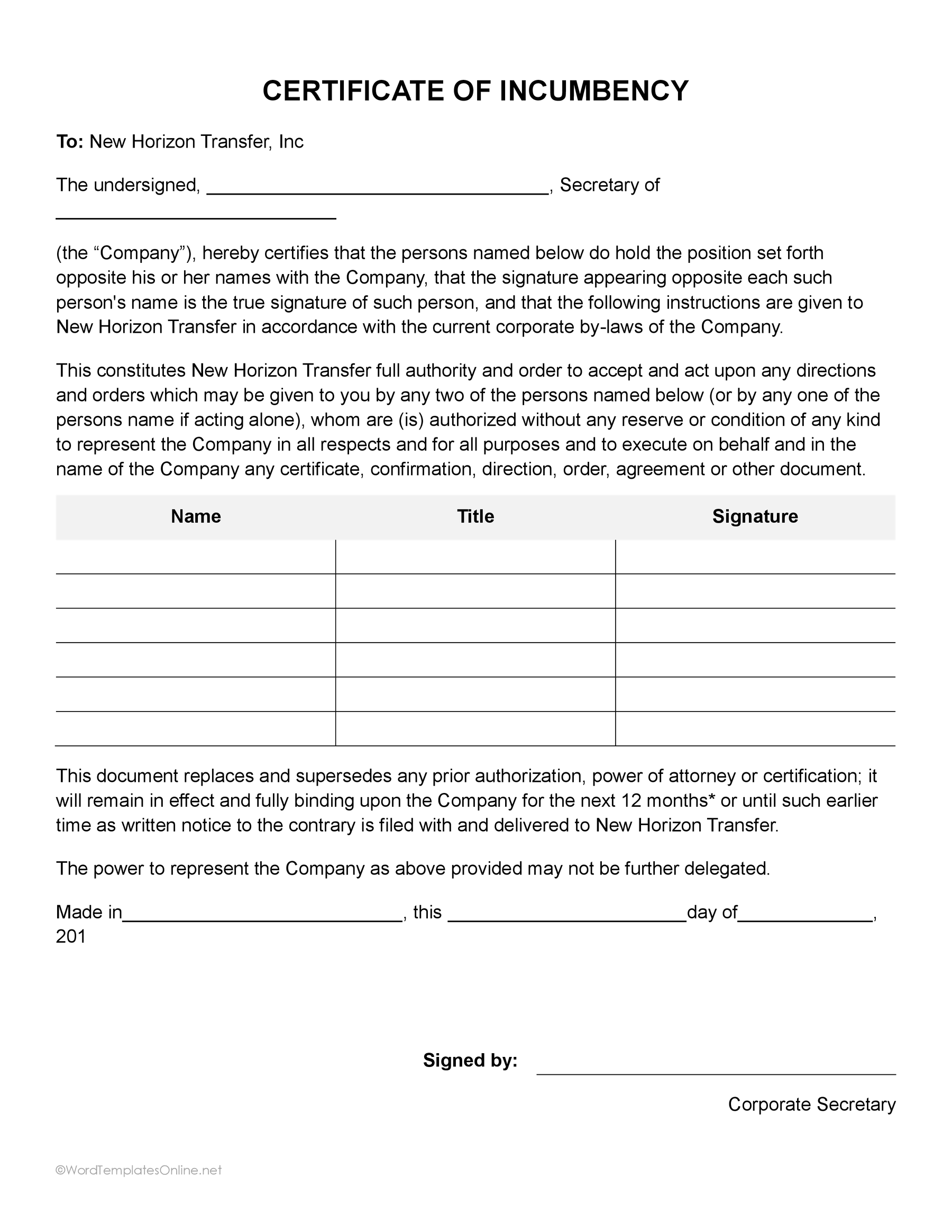 Legal certificate of incumbency format in ms word