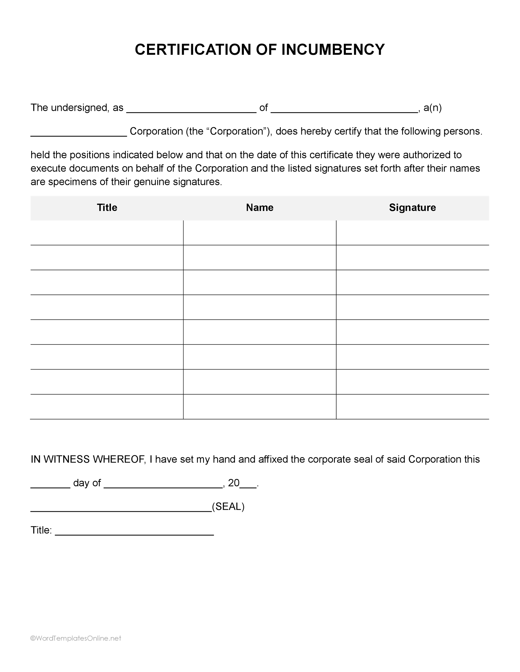Certificate of incumbency template free download