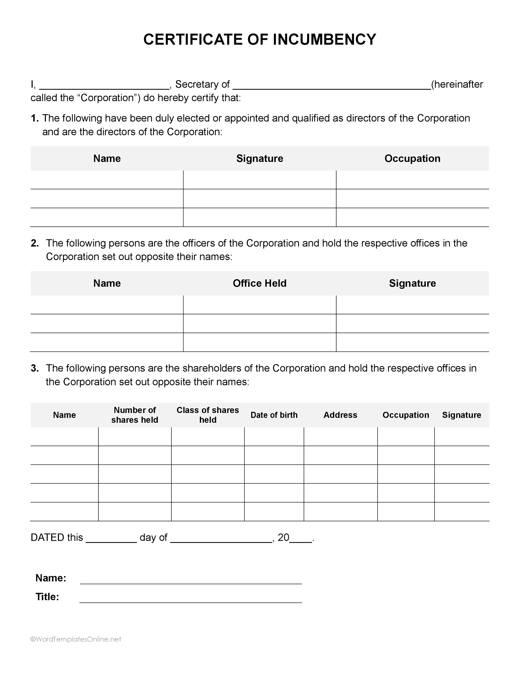 Microsoft Word certificate of incumbency format
