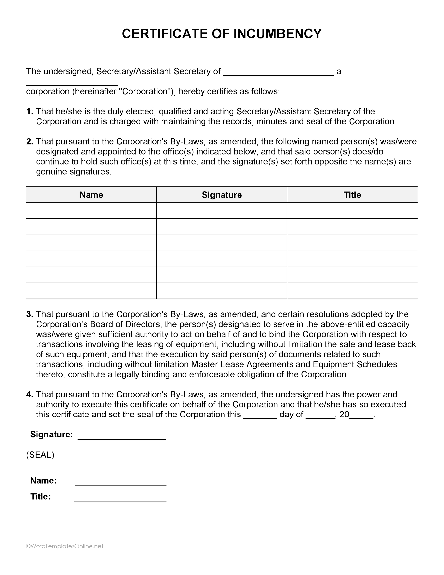 Editable certificate of incumbency form