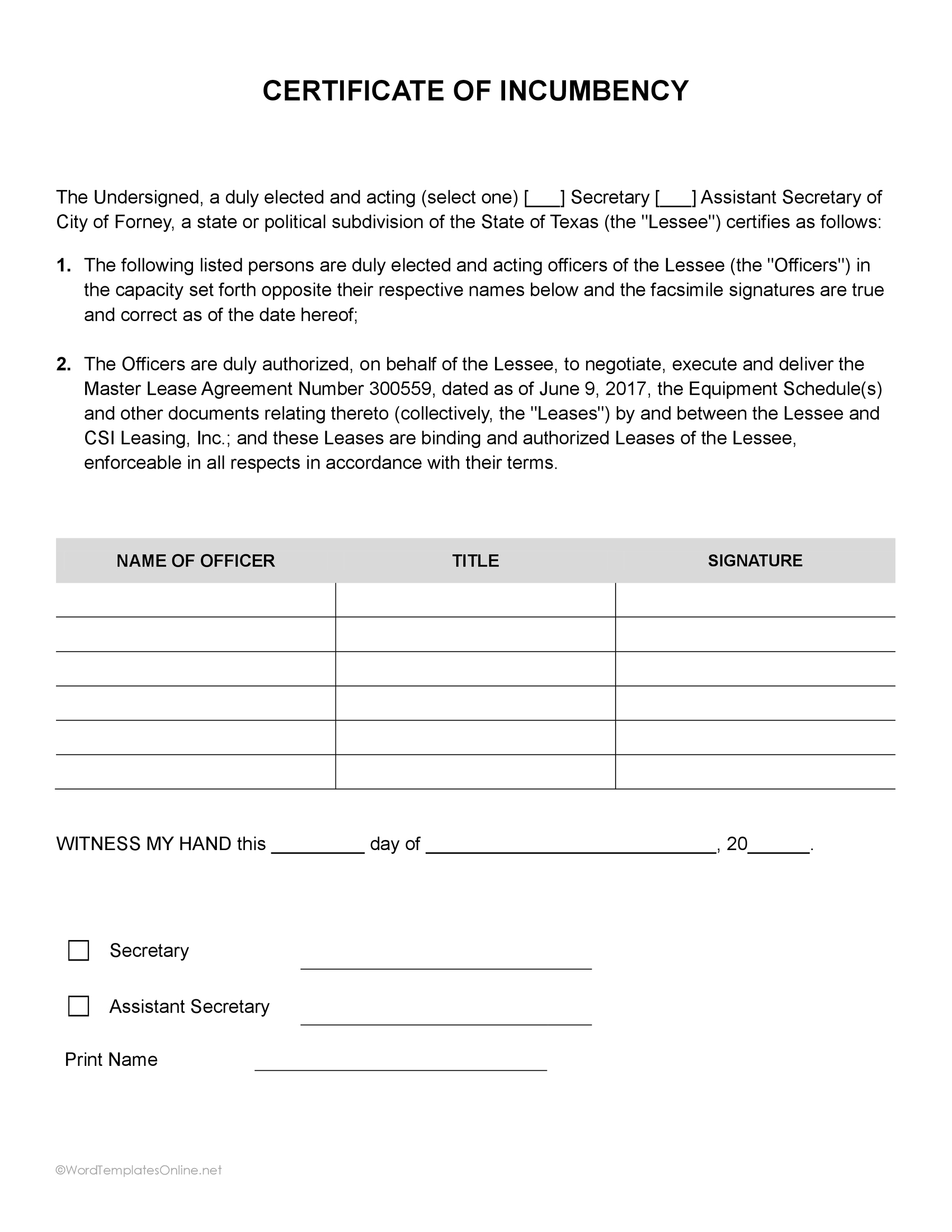 Printable corporate incumbency certificate layout