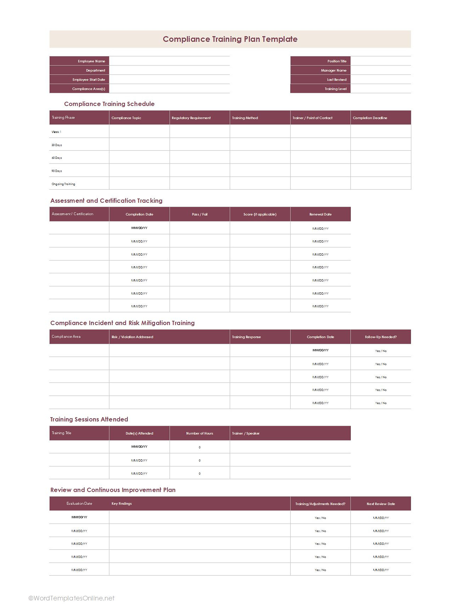 Compliance Training Plan Template Downloadable file in excel