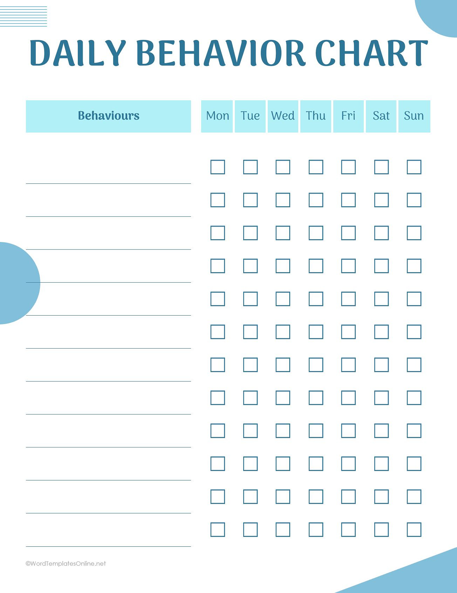 Daily behavior sheet for young children in doc format